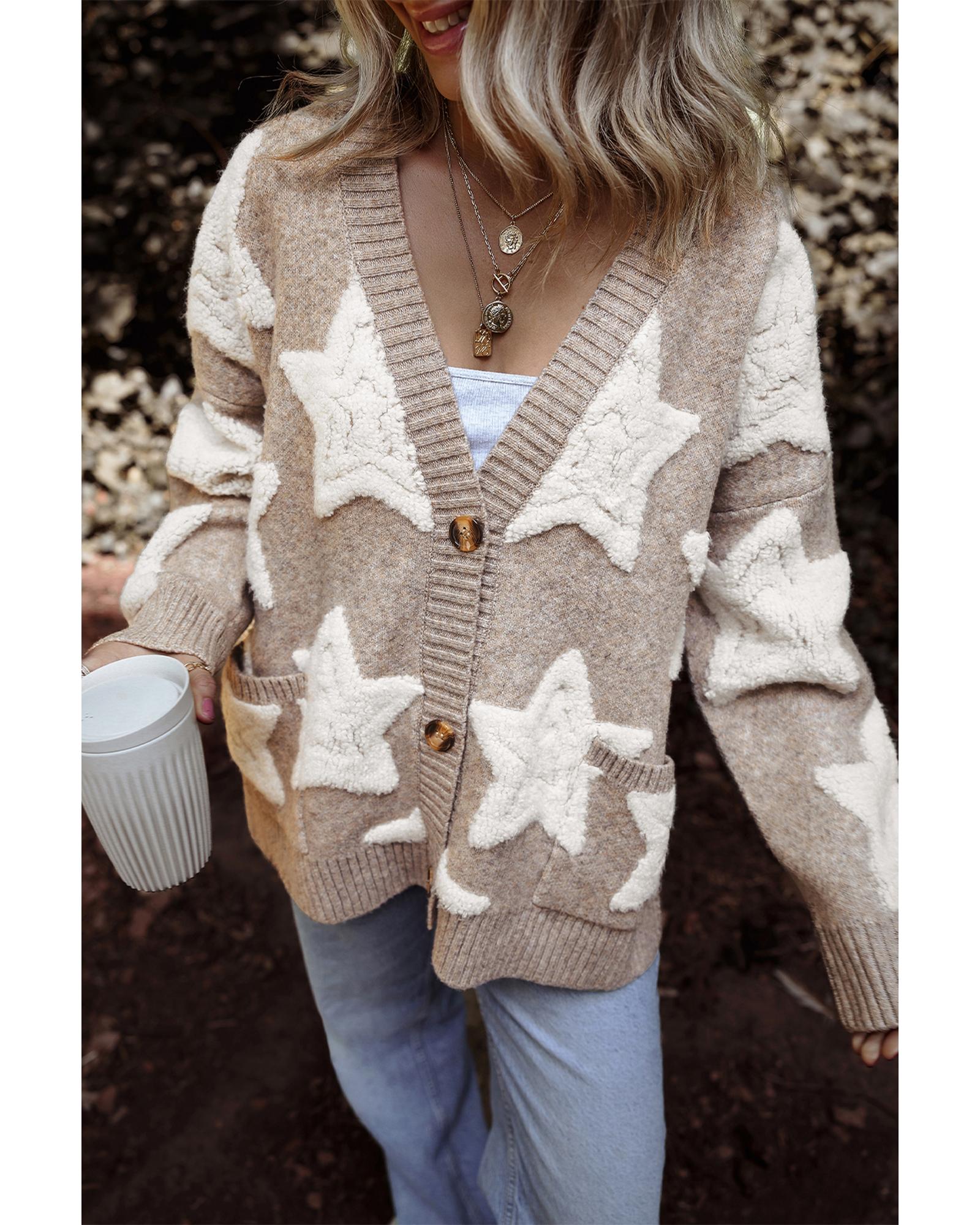 Khaki Sherpa Star Pattern Textured Sweater Cardigan with Pockets - M