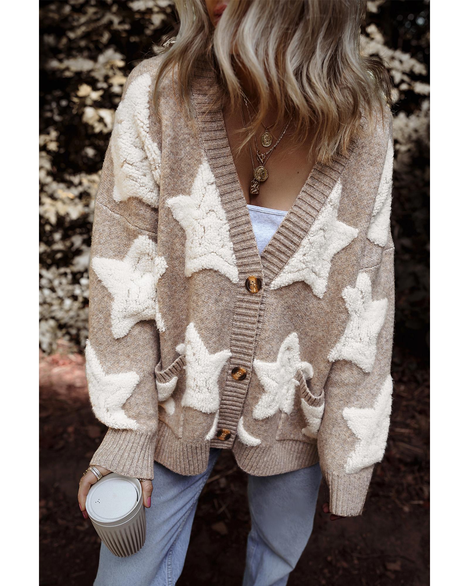 Khaki Sherpa Star Pattern Textured Sweater Cardigan with Pockets - M