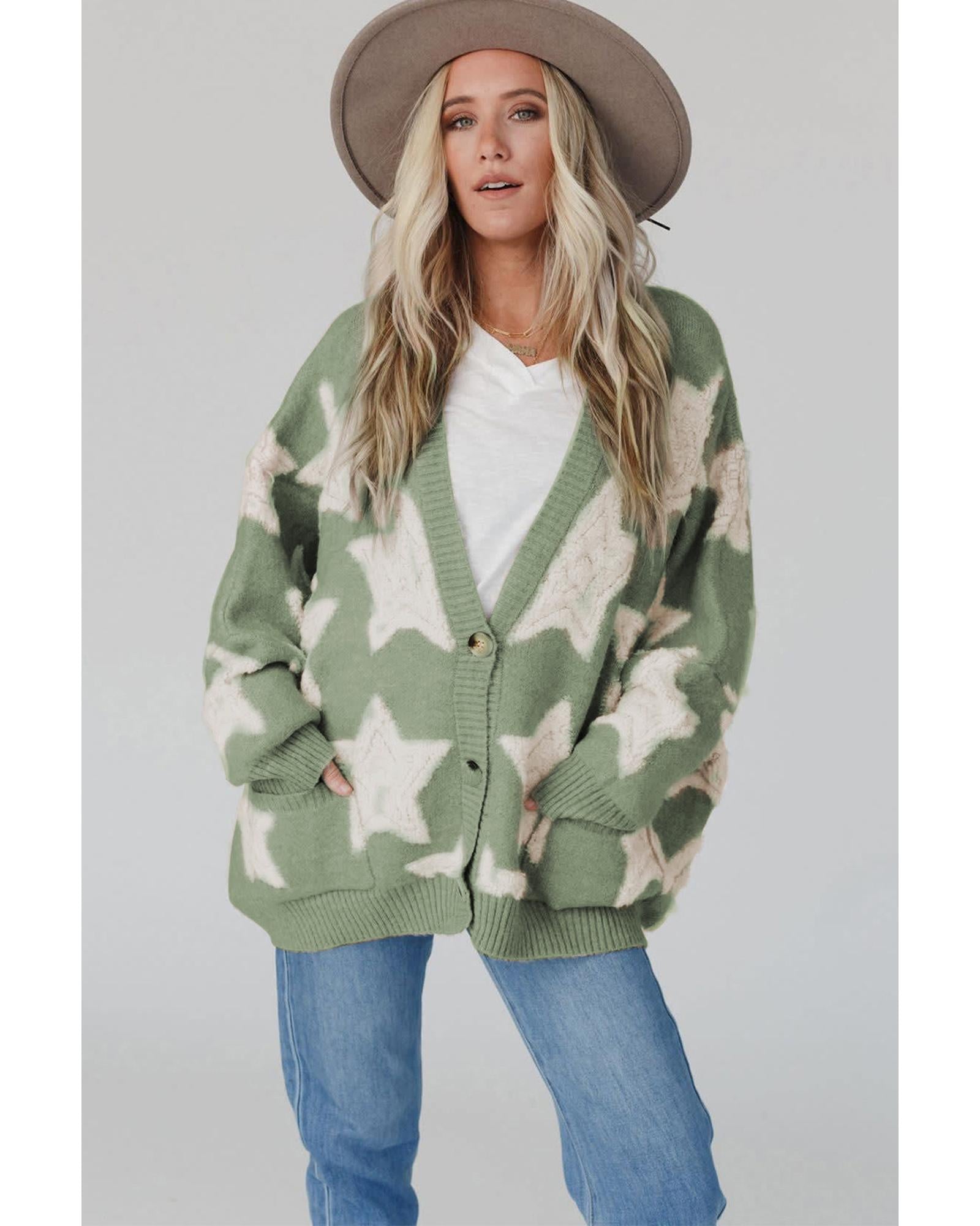 Green Sherpa Star Pattern Textured Sweater Cardigan with Pockets - M