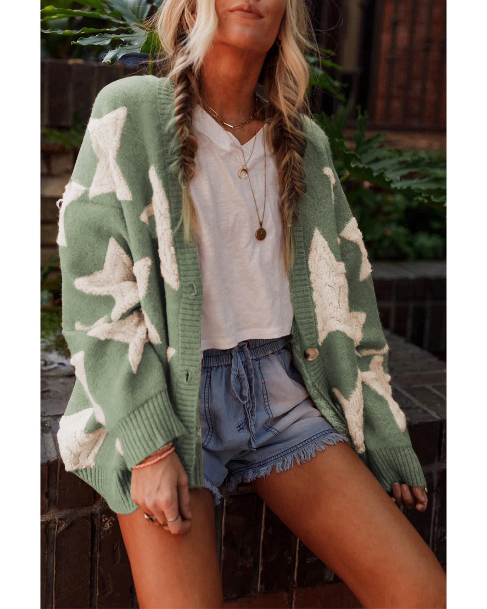 Green Sherpa Star Pattern Textured Sweater Cardigan with Pockets - S