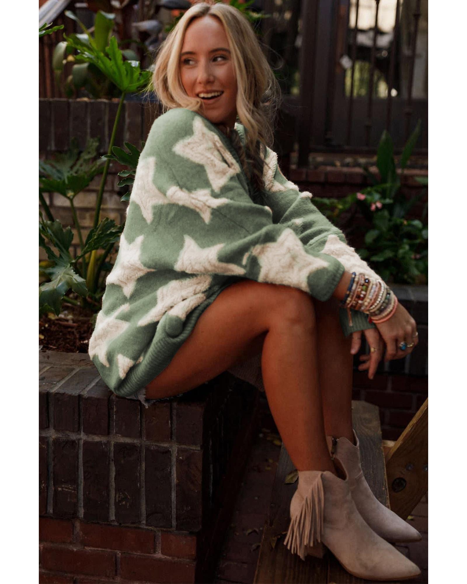 Green Sherpa Star Pattern Textured Sweater Cardigan with Pockets - XL