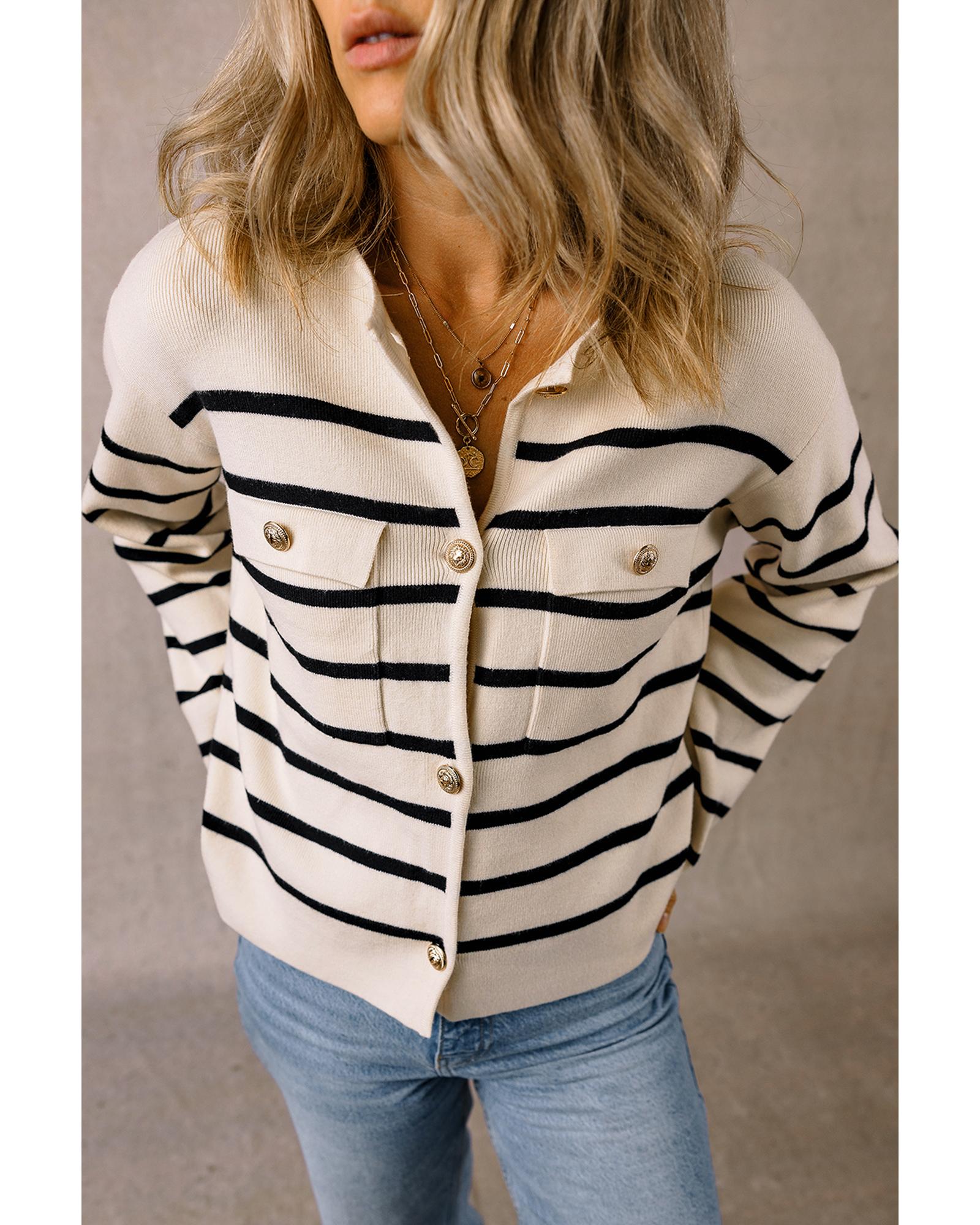 Black Stripe Flap Pocket Buttoned Cardigan Sweater - M