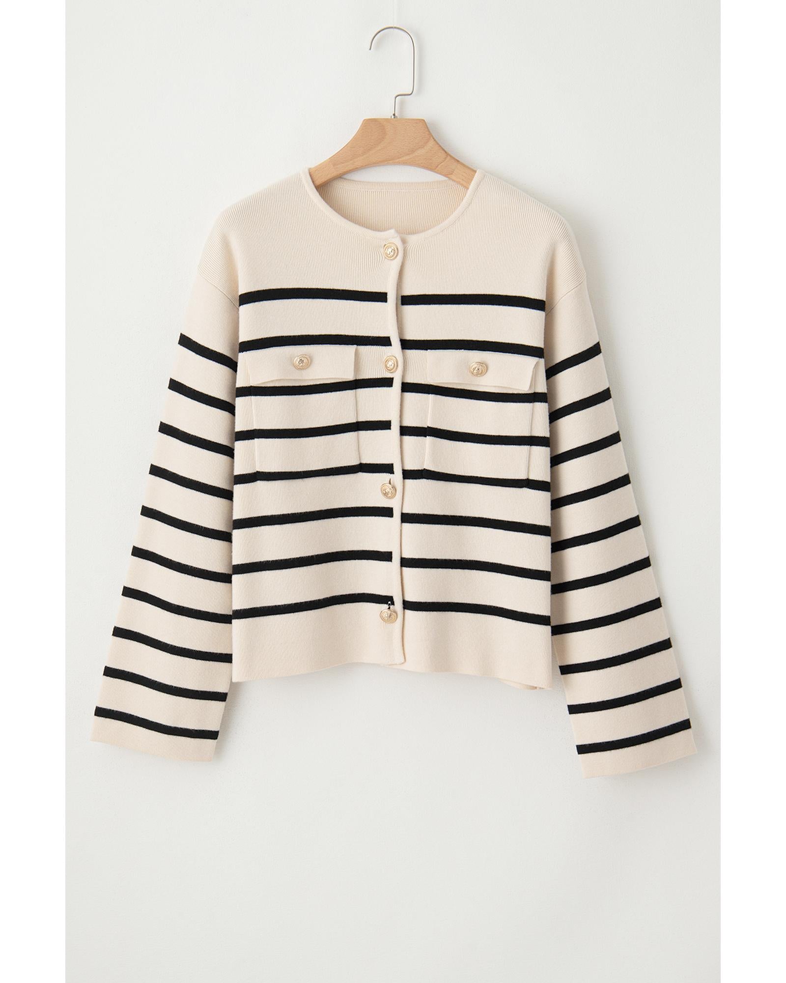 Black Stripe Flap Pocket Buttoned Cardigan Sweater - S