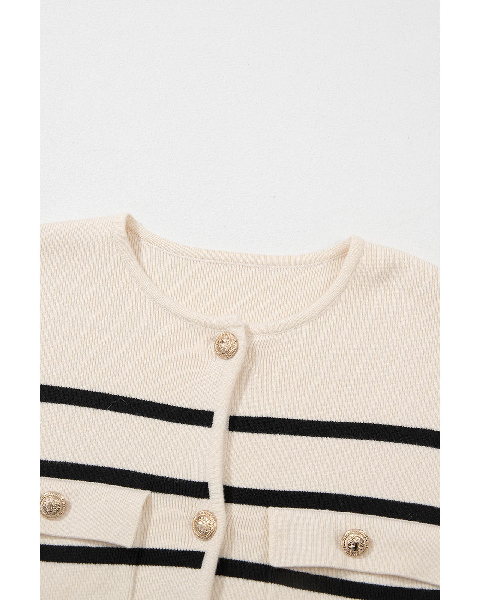 Black Stripe Flap Pocket Buttoned Cardigan Sweater - S