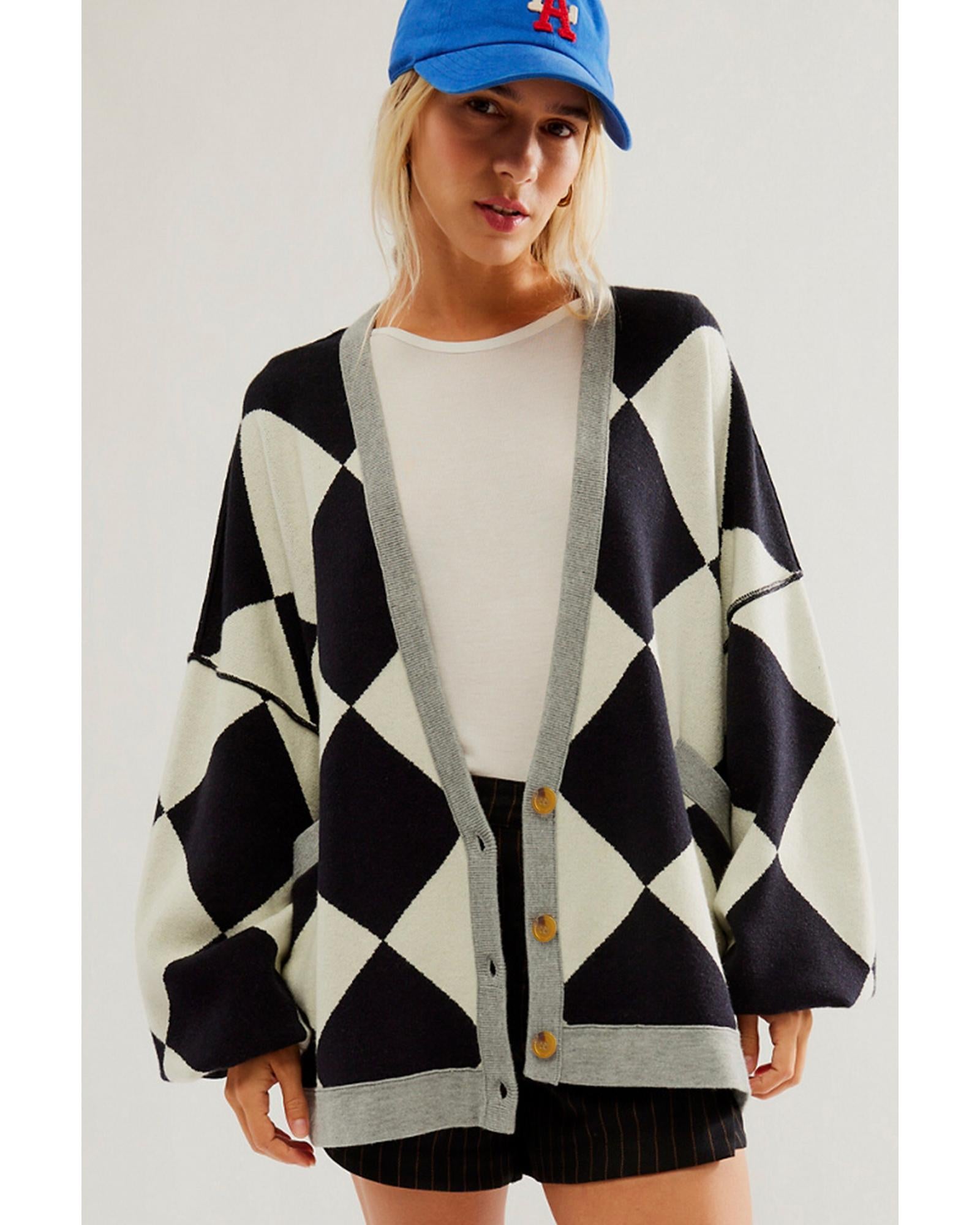 Black Colorblock Drop Shoulder Buttoned Loose Cardigan - L