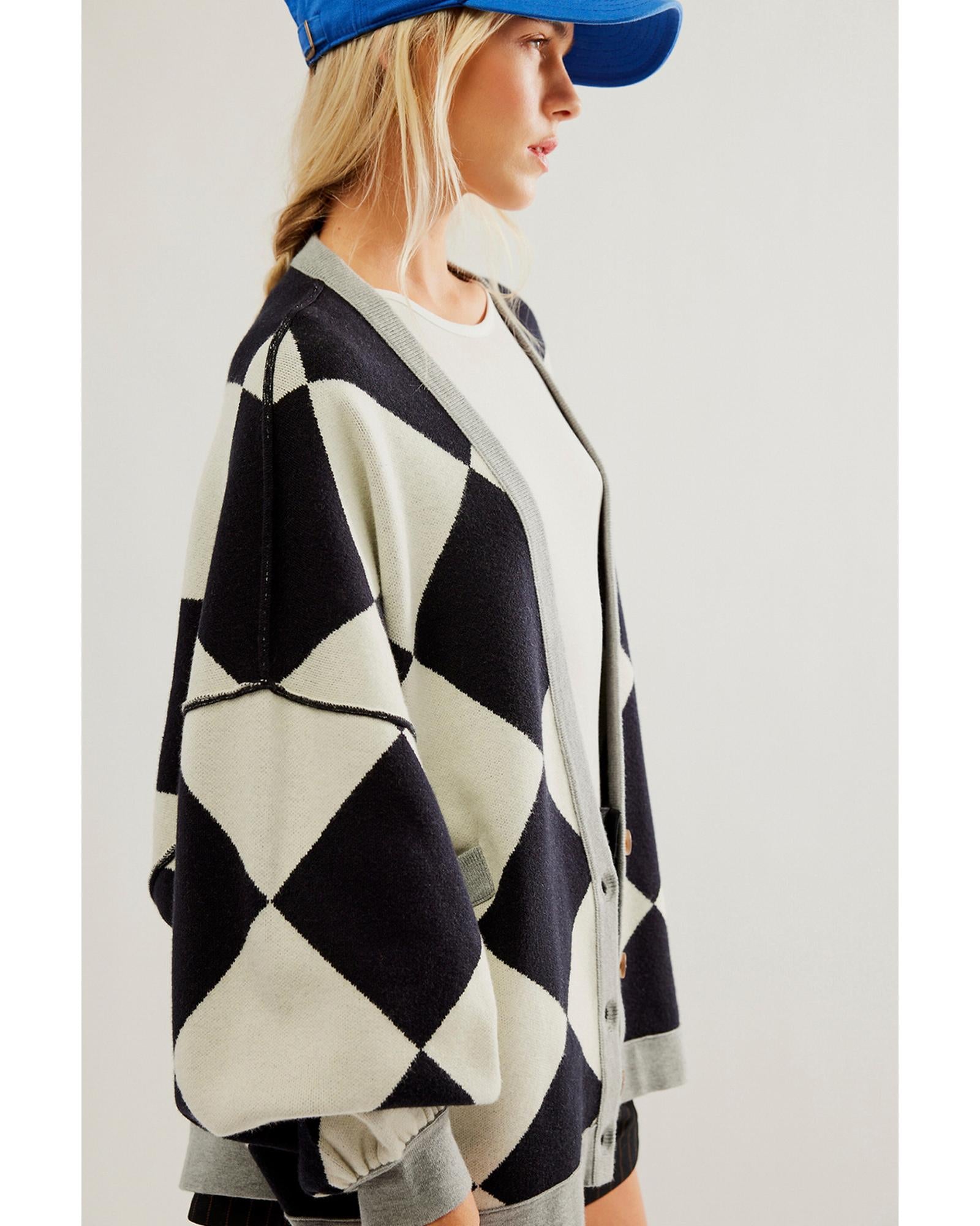 Black Colorblock Drop Shoulder Buttoned Loose Cardigan - L