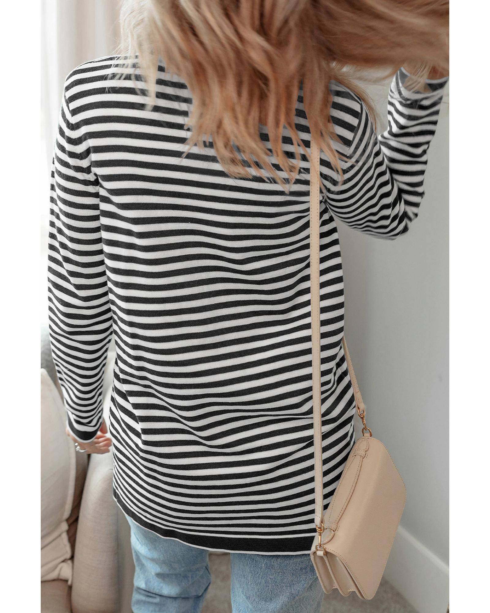 Black Stripe Long Sleeve Button up Tunic Cardigan - L