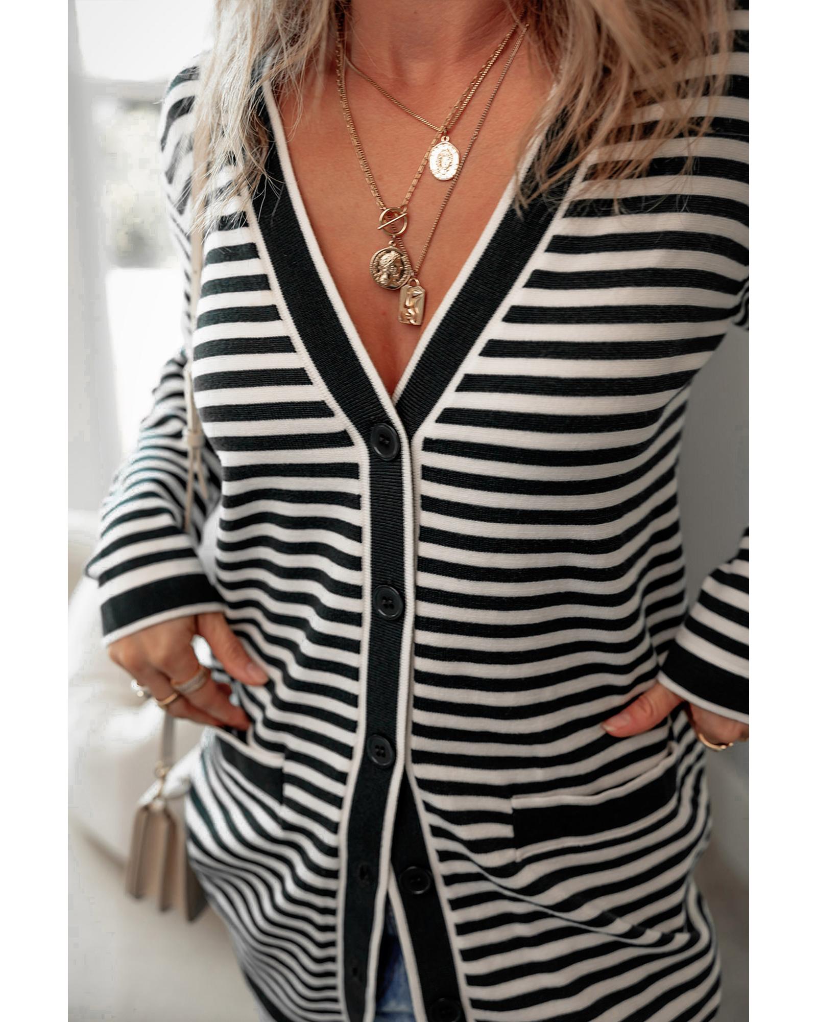 Black Stripe Long Sleeve Button up Tunic Cardigan - S
