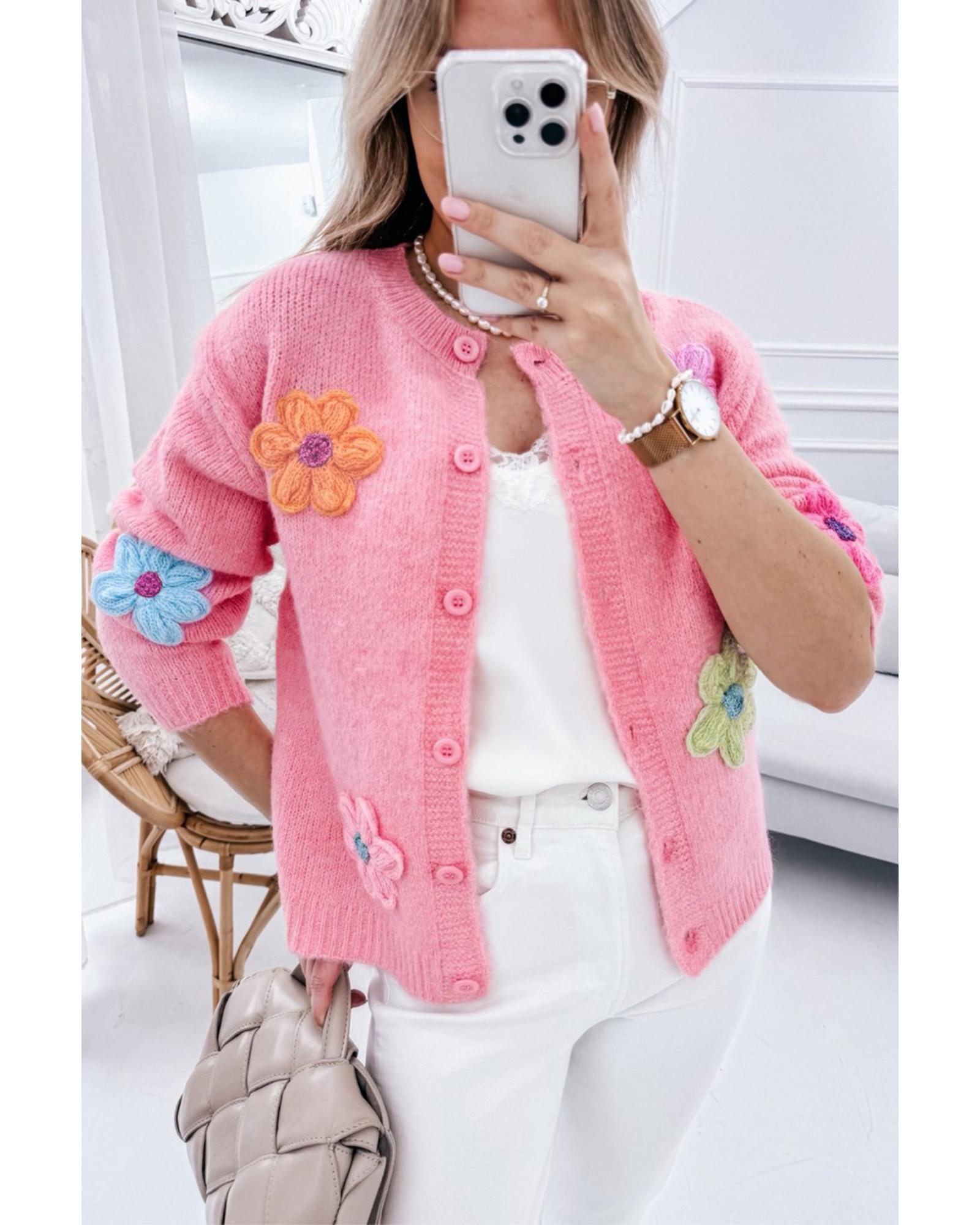 Pink Cute Knitted Floral Pattern Button Up Cardigan - M