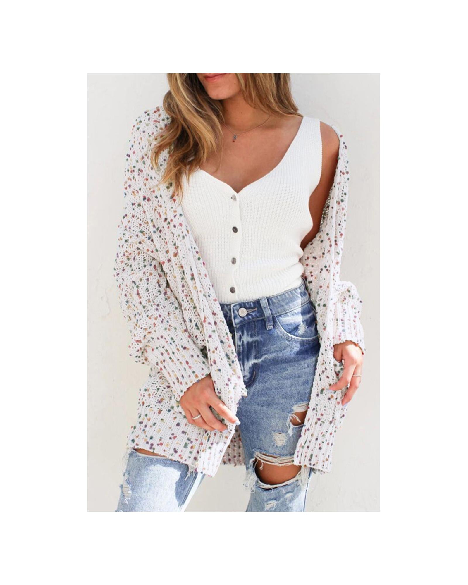 White Confetti Rib Knit Long Sleeve Cardigan - L