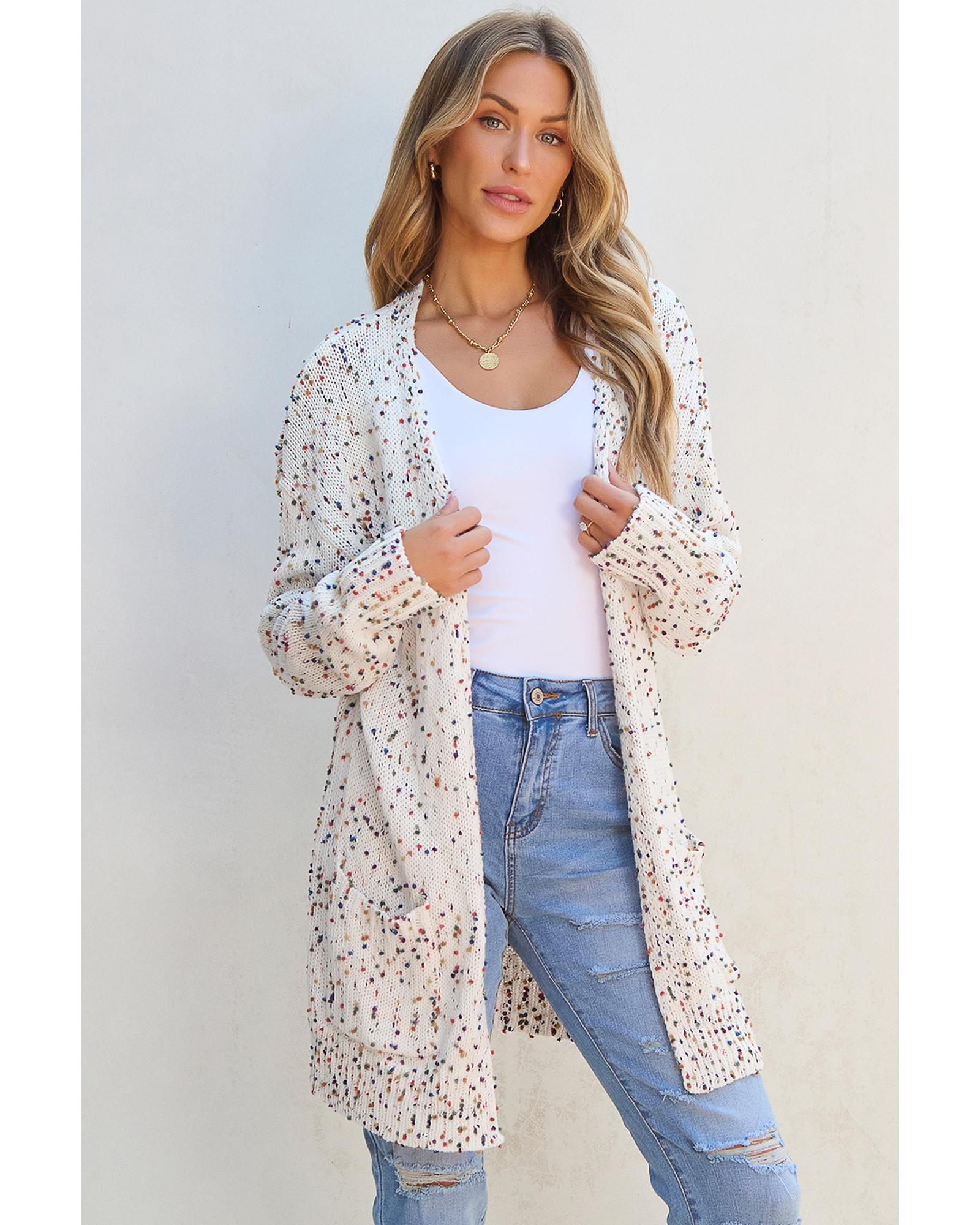 White Confetti Rib Knit Long Sleeve Cardigan - L