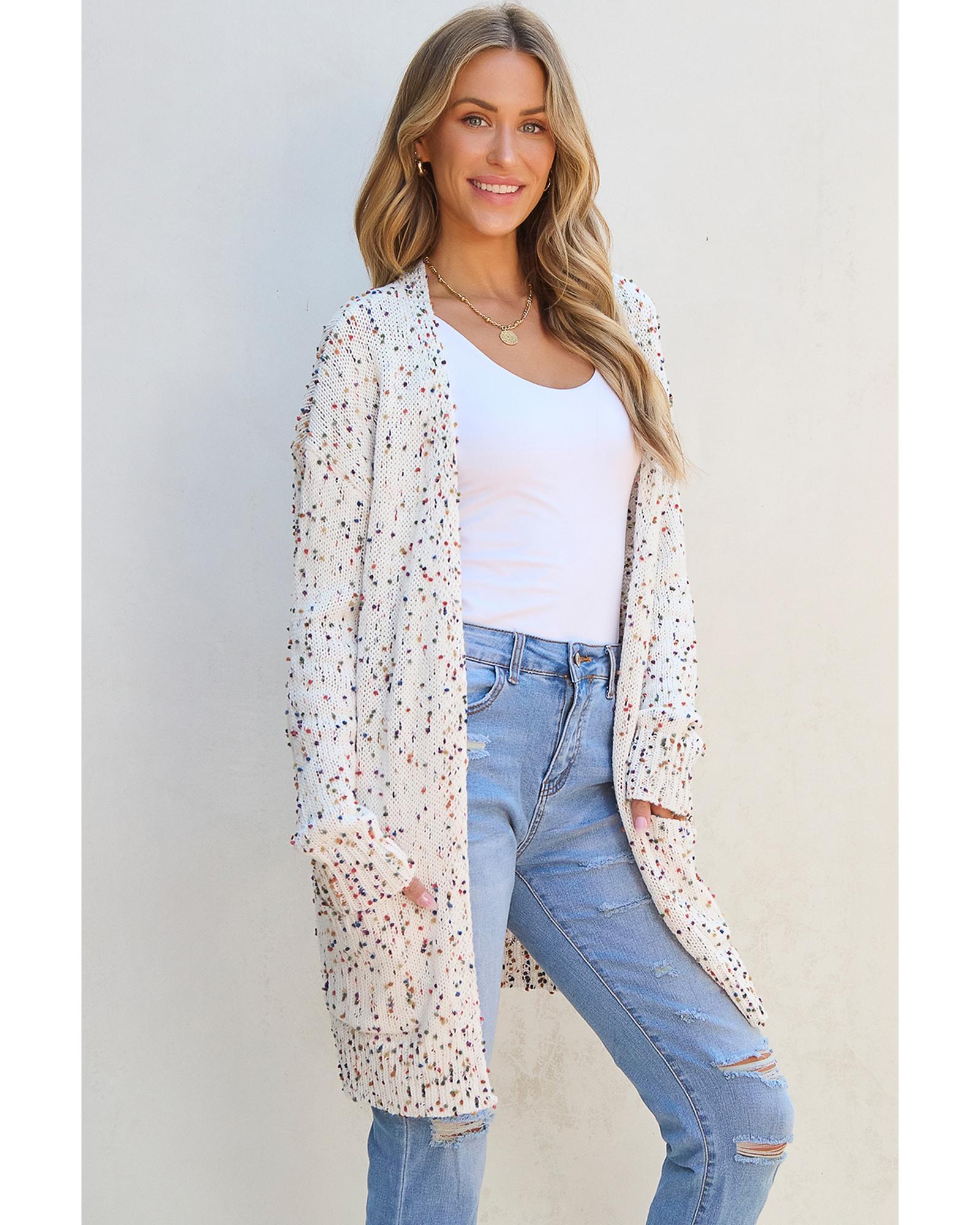 White Confetti Rib Knit Long Sleeve Cardigan - L