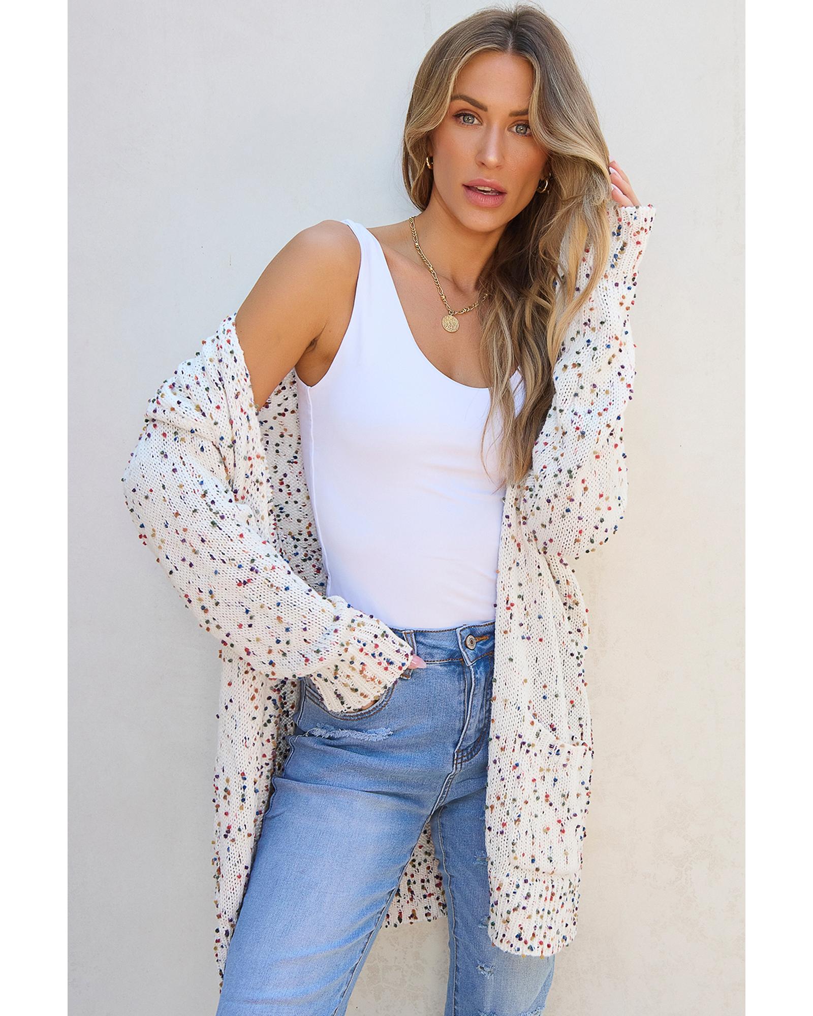 White Confetti Rib Knit Long Sleeve Cardigan - L