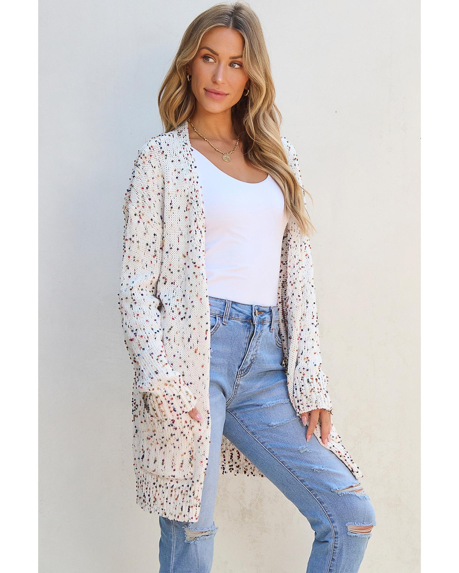 White Confetti Rib Knit Long Sleeve Cardigan - L