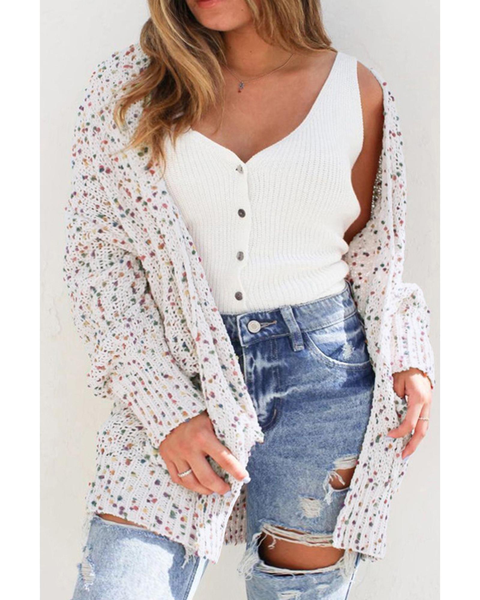 White Confetti Rib Knit Long Sleeve Cardigan - M