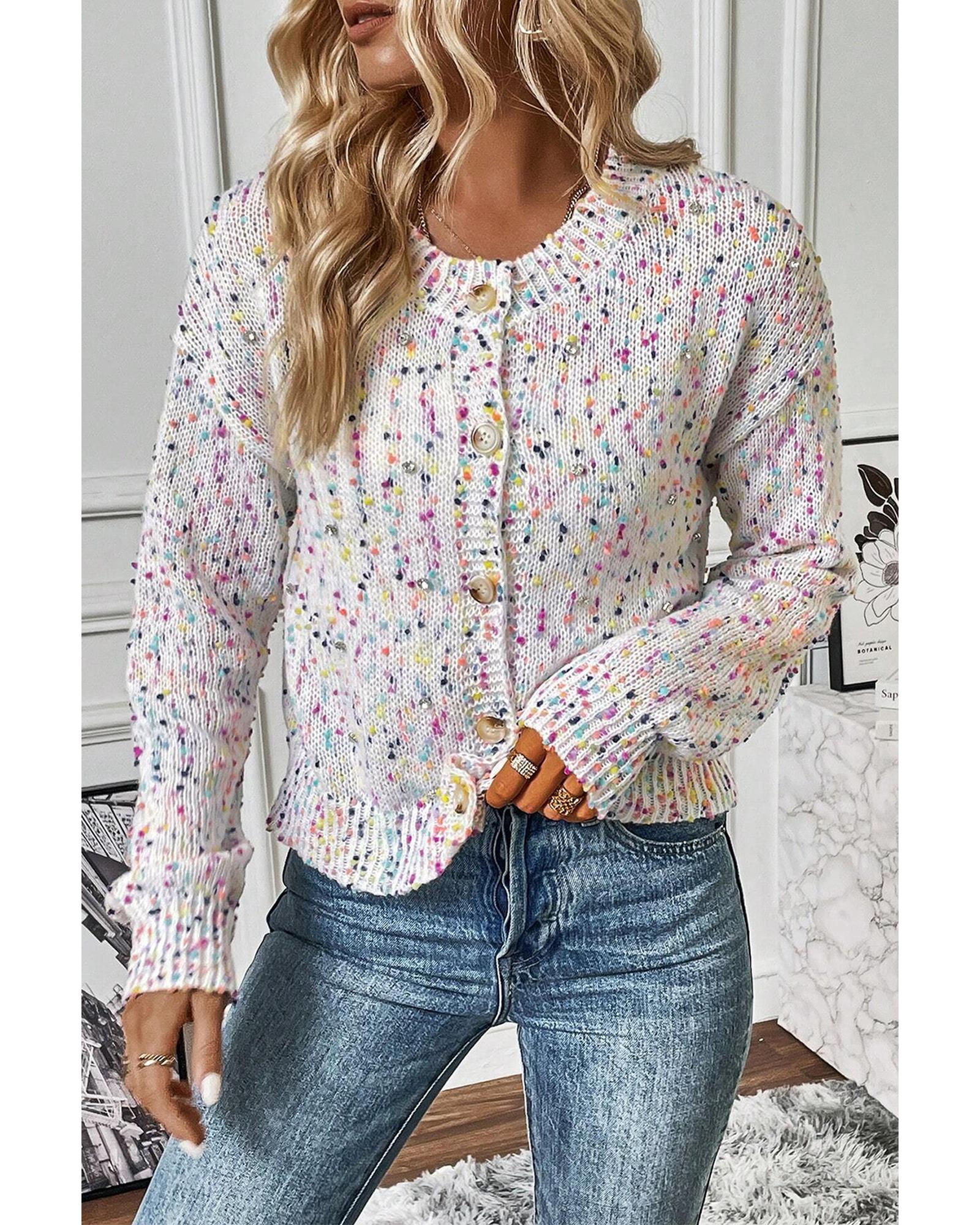 White Multicolor Confetti Sweater Cardigan - M