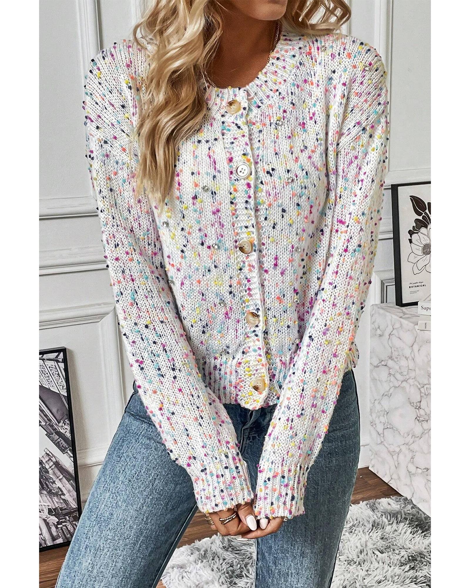 White Multicolor Confetti Sweater Cardigan - S