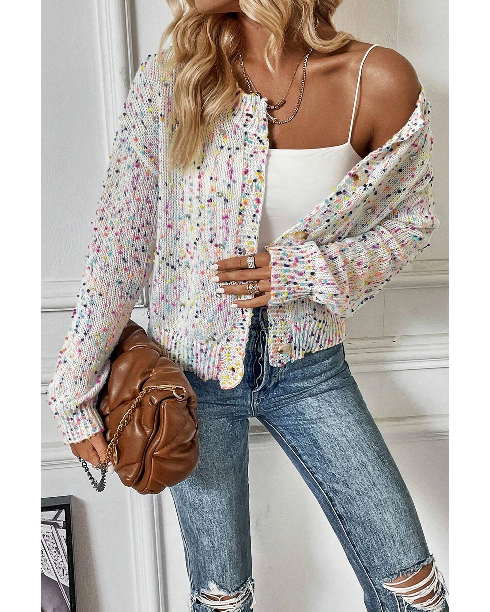 White Multicolor Confetti Sweater Cardigan - S