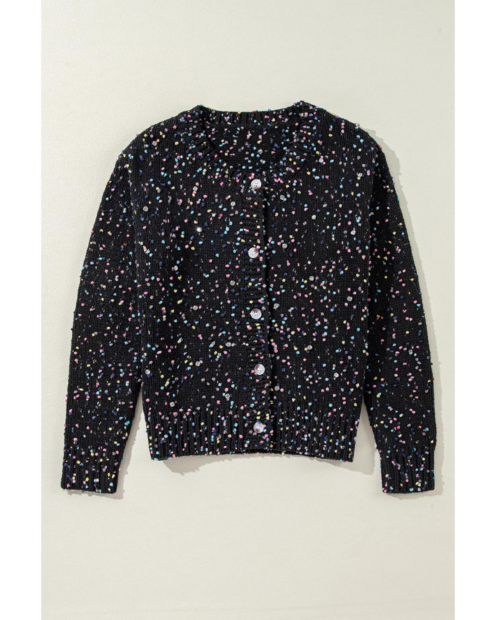 Black Rhinestone Decor Multicolor Confetti Sweater Cardigan - L