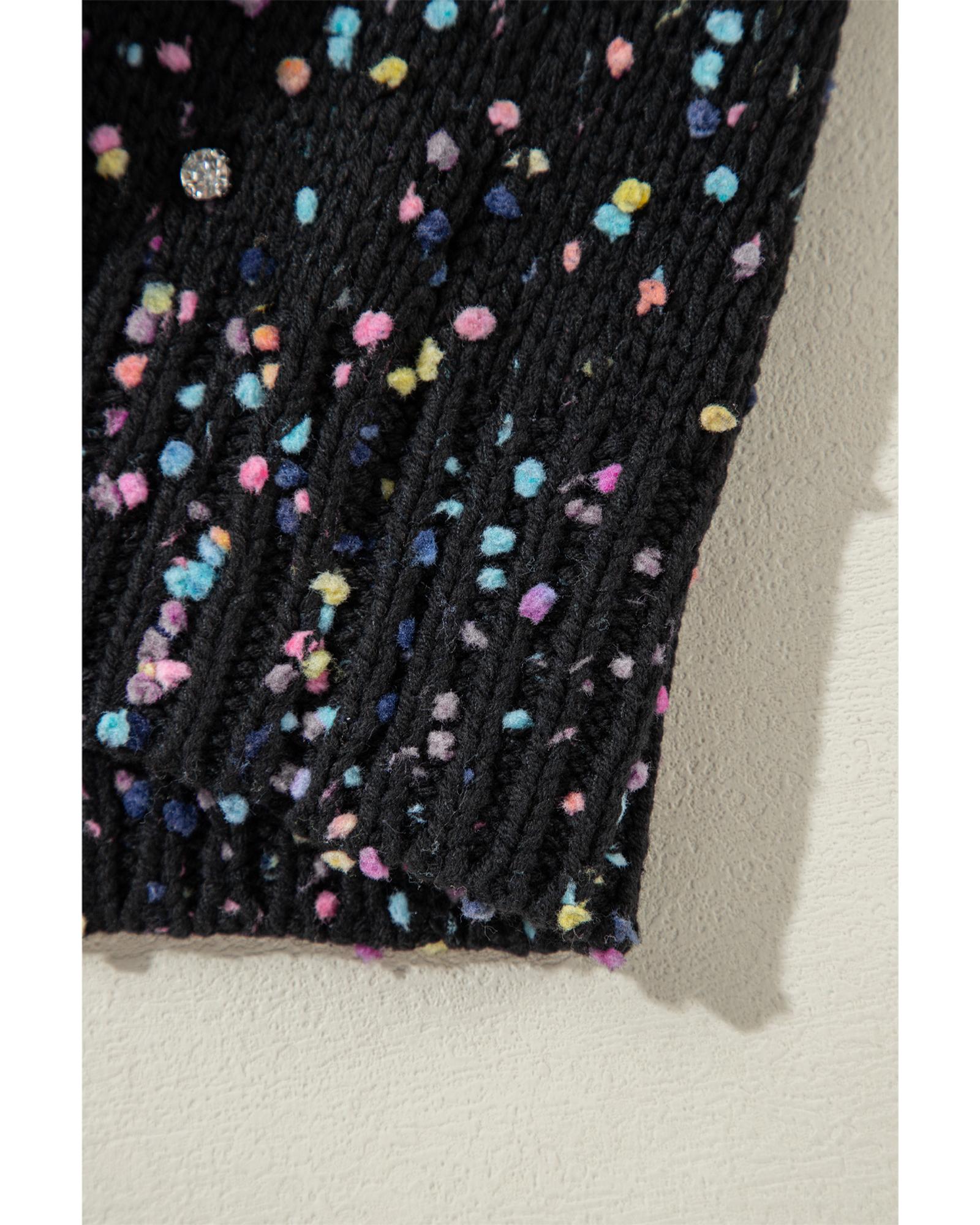 Black Rhinestone Decor Multicolor Confetti Sweater Cardigan - L