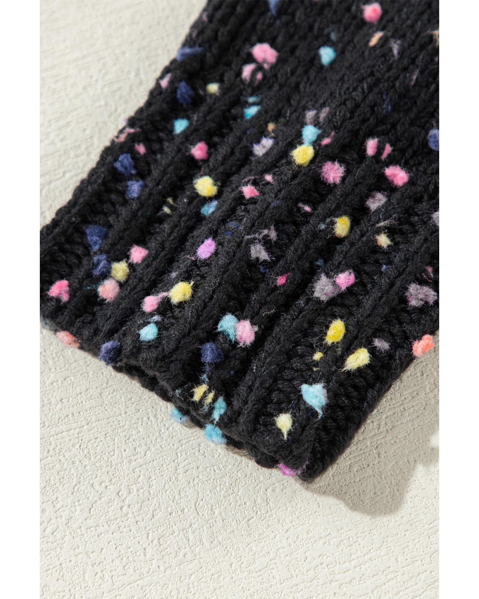 Black Rhinestone Decor Multicolor Confetti Sweater Cardigan - L