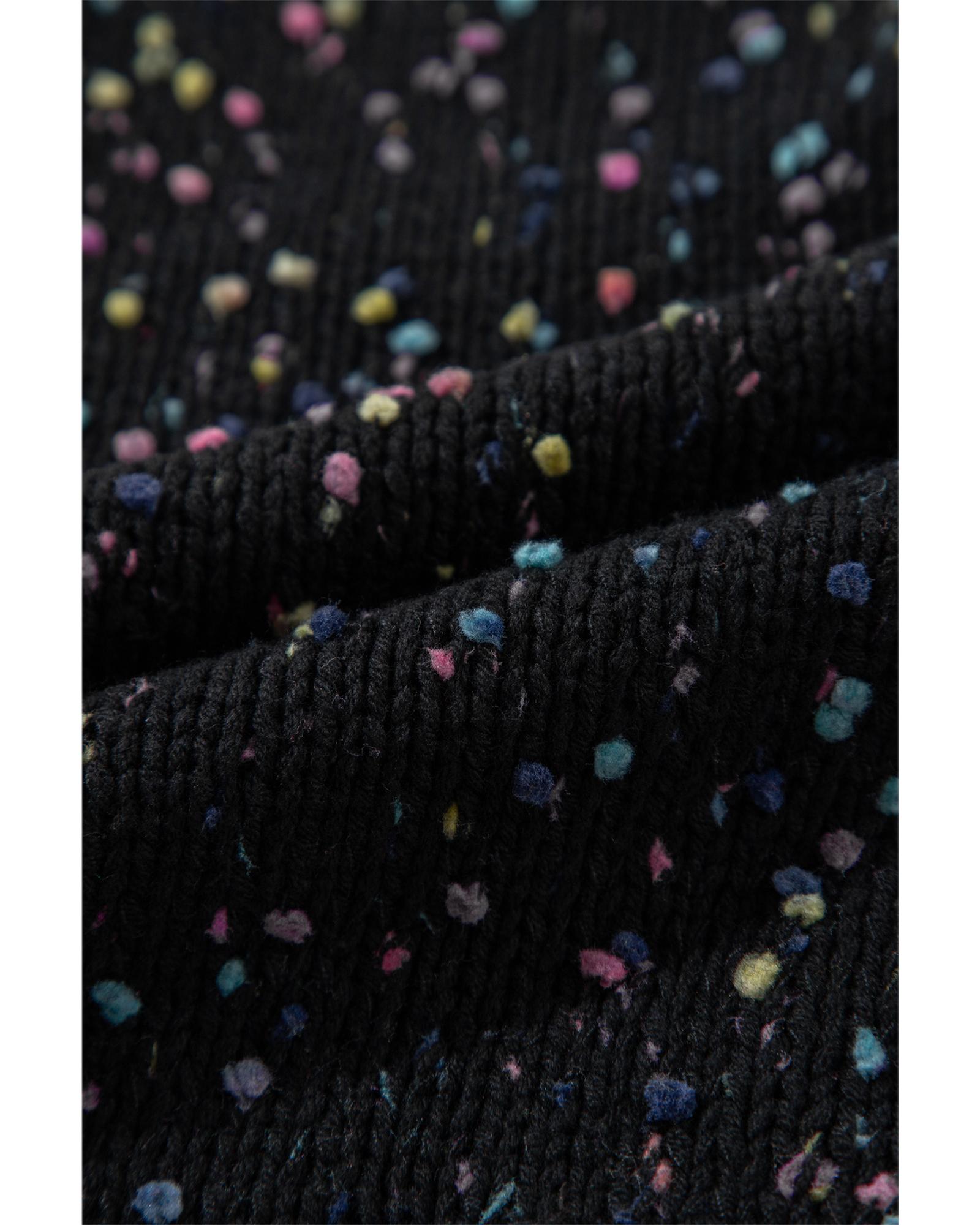 Black Rhinestone Decor Multicolor Confetti Sweater Cardigan - L