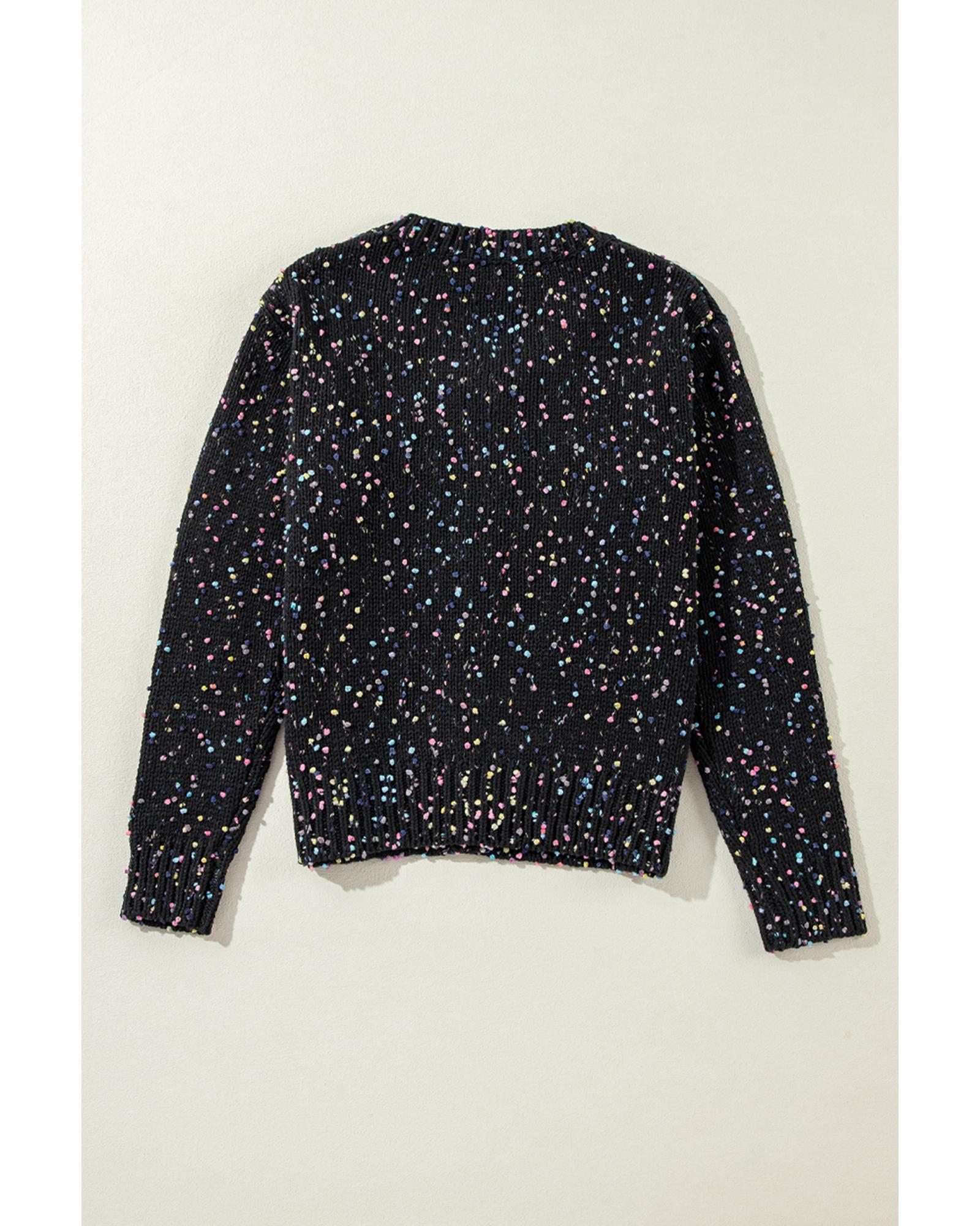 Black Rhinestone Decor Multicolor Confetti Sweater Cardigan - M