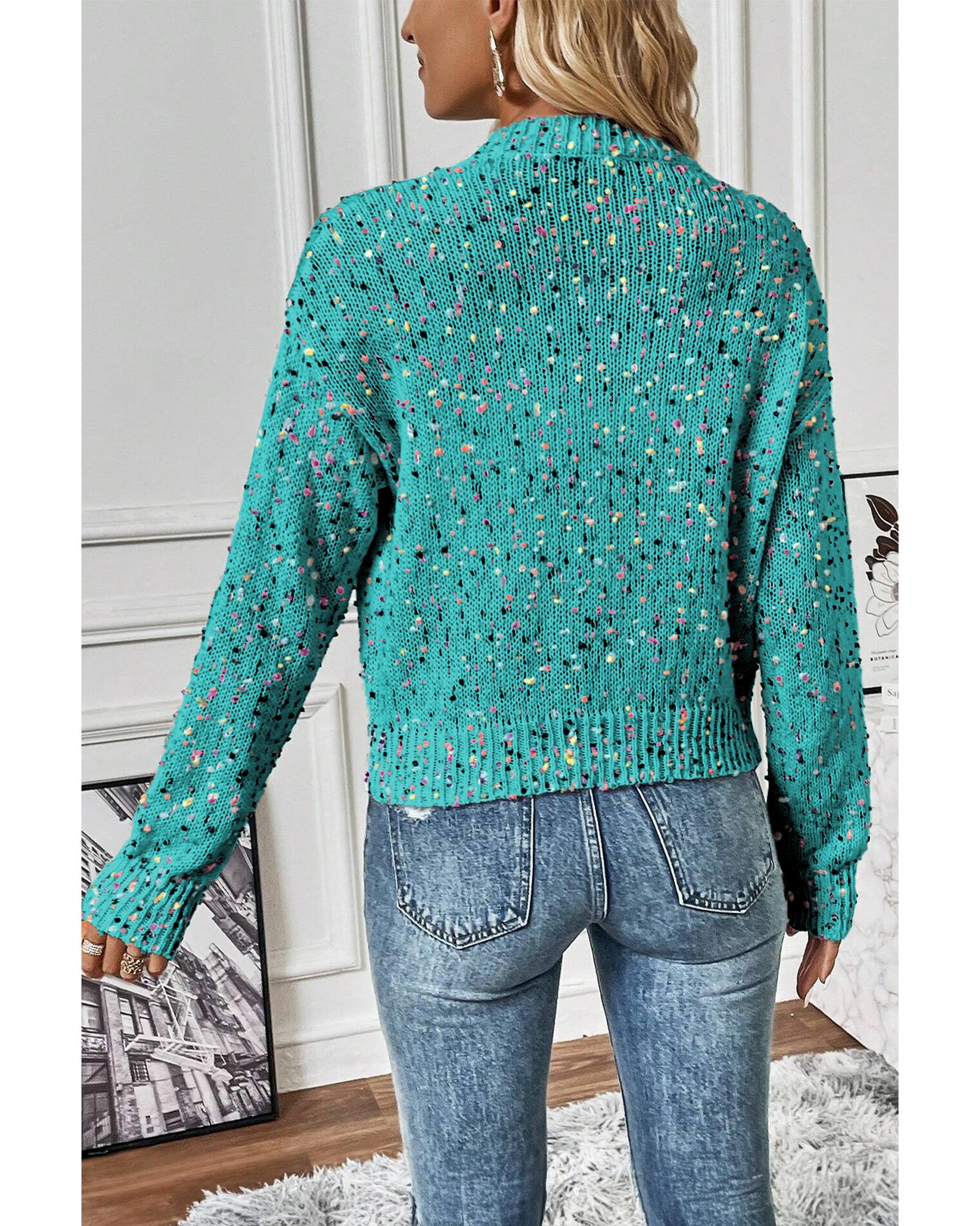 Aruba Blue Rhinestone Decor Multicolor Confetti Sweater Cardigan - M