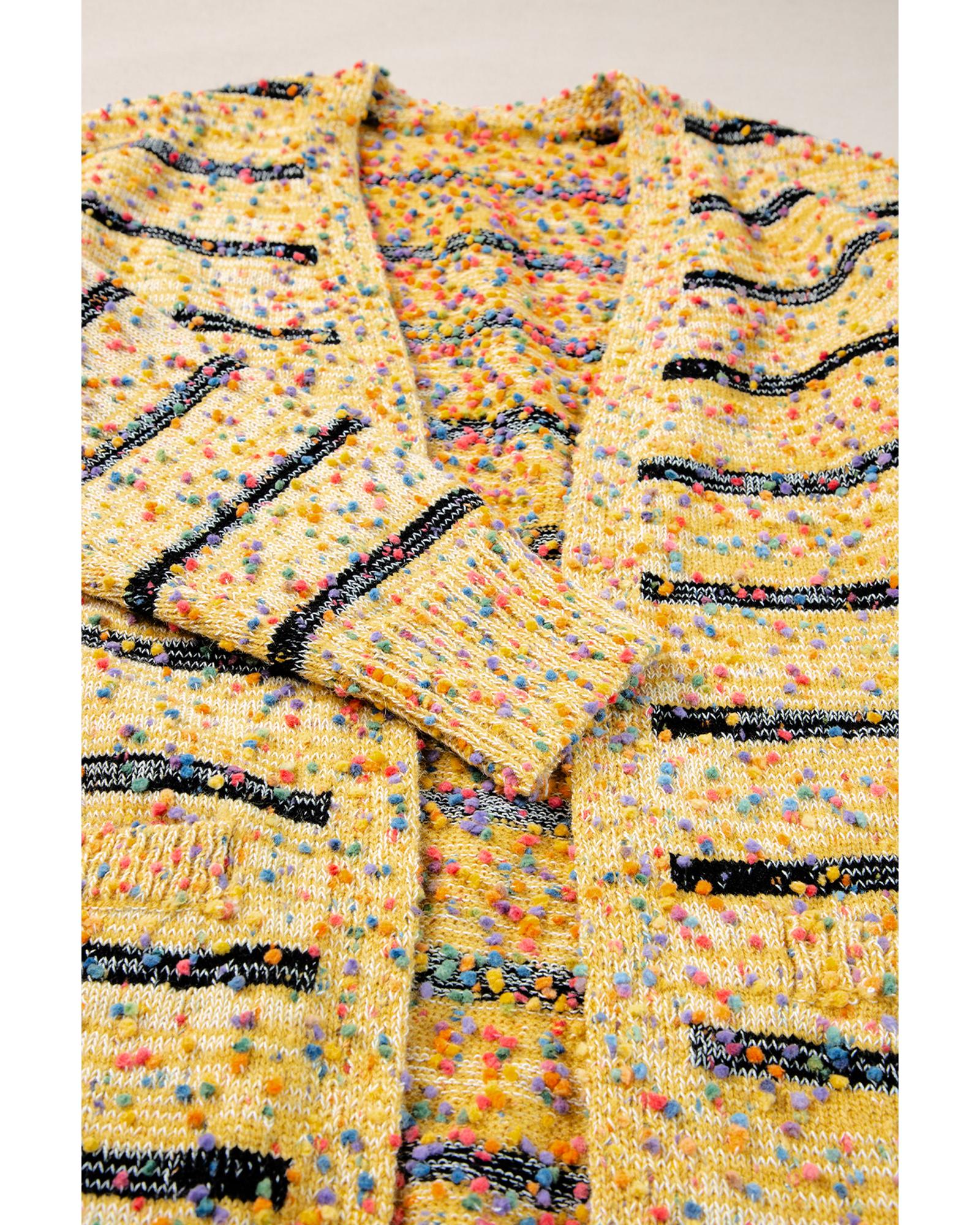 Beige Striped Pom Pom Knit Open Front Long Cardigan - L