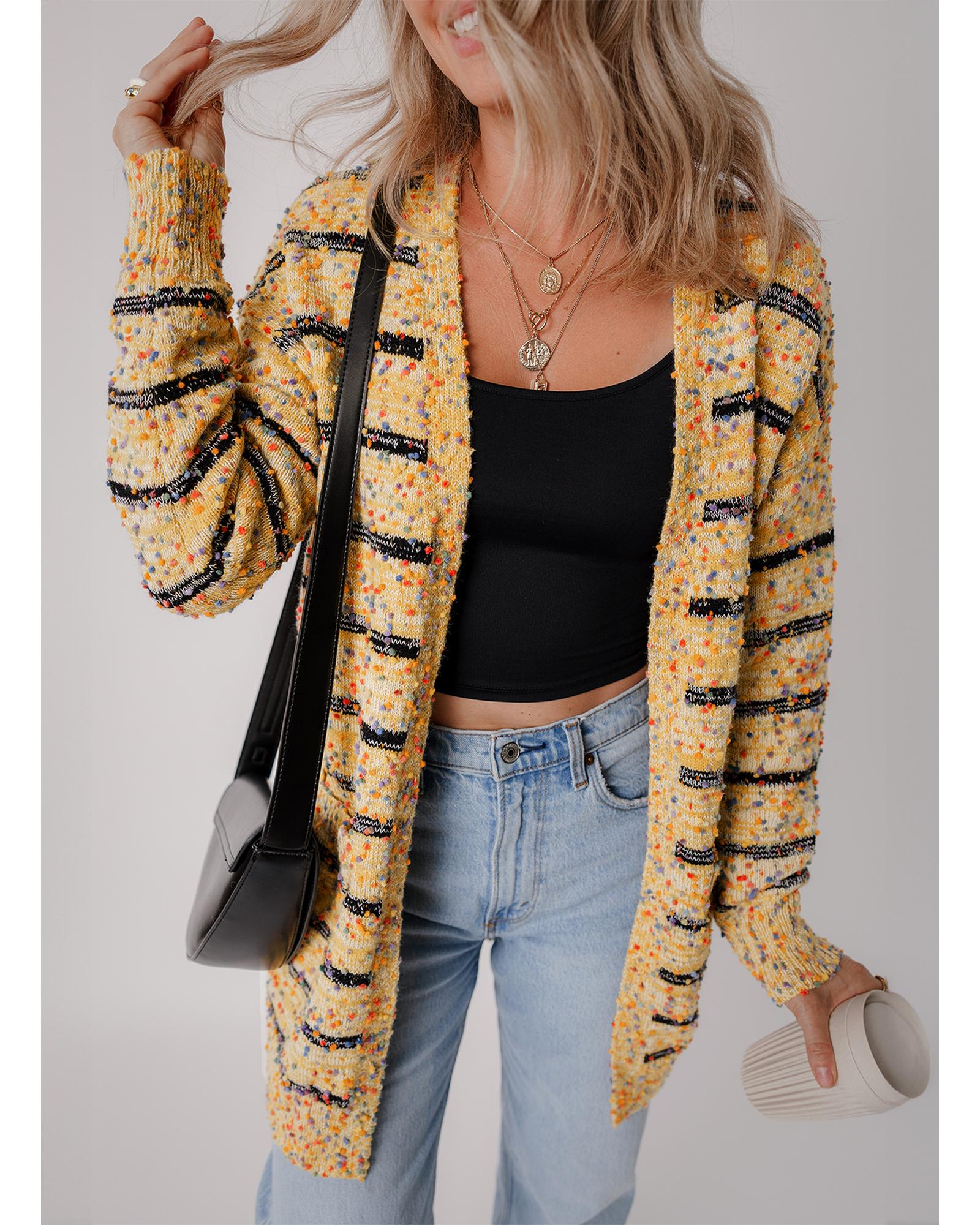 Beige Striped Pom Pom Knit Open Front Long Cardigan - L