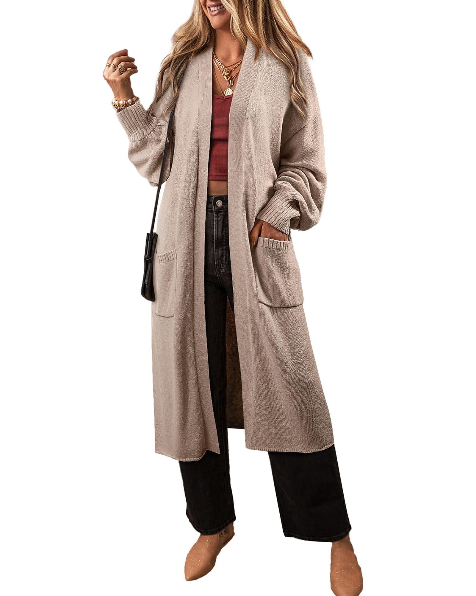 Beige Side Pockets Open Front Long Knitted Cardigan - L