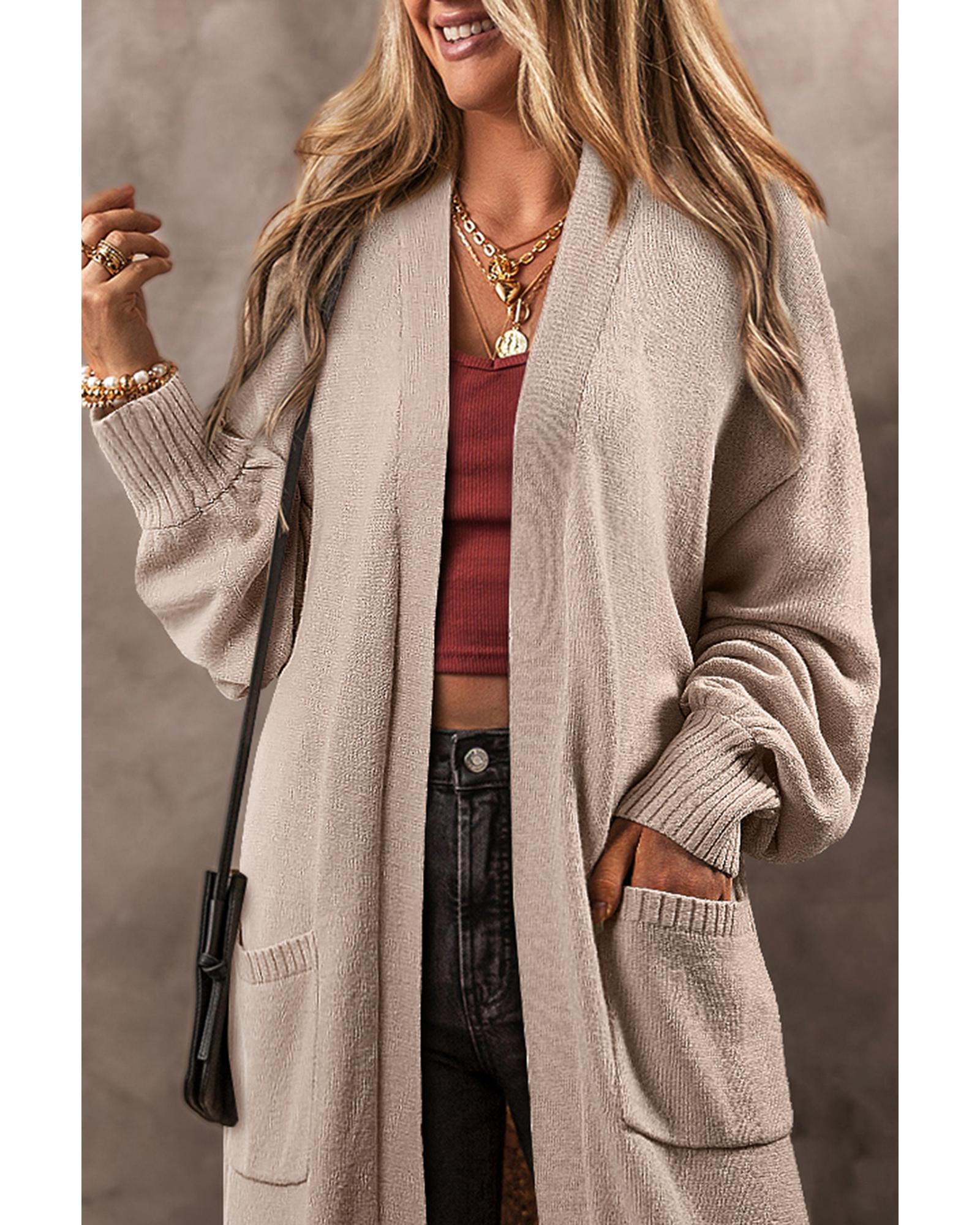 Beige Side Pockets Open Front Long Knitted Cardigan - XL