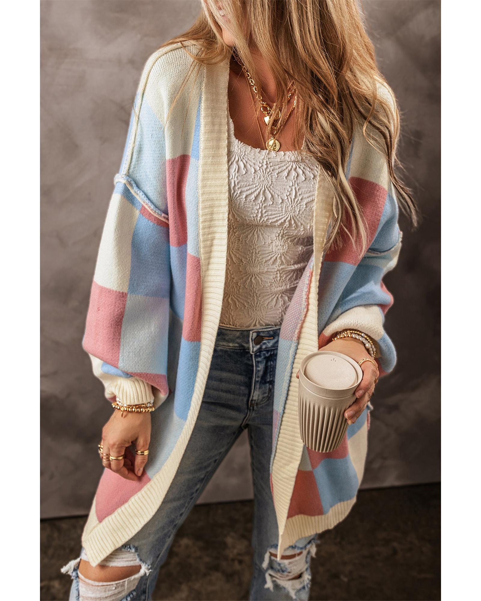 Light Blue Checkered Drop Shoulder Exposed Seam Open Front Cardigan - M