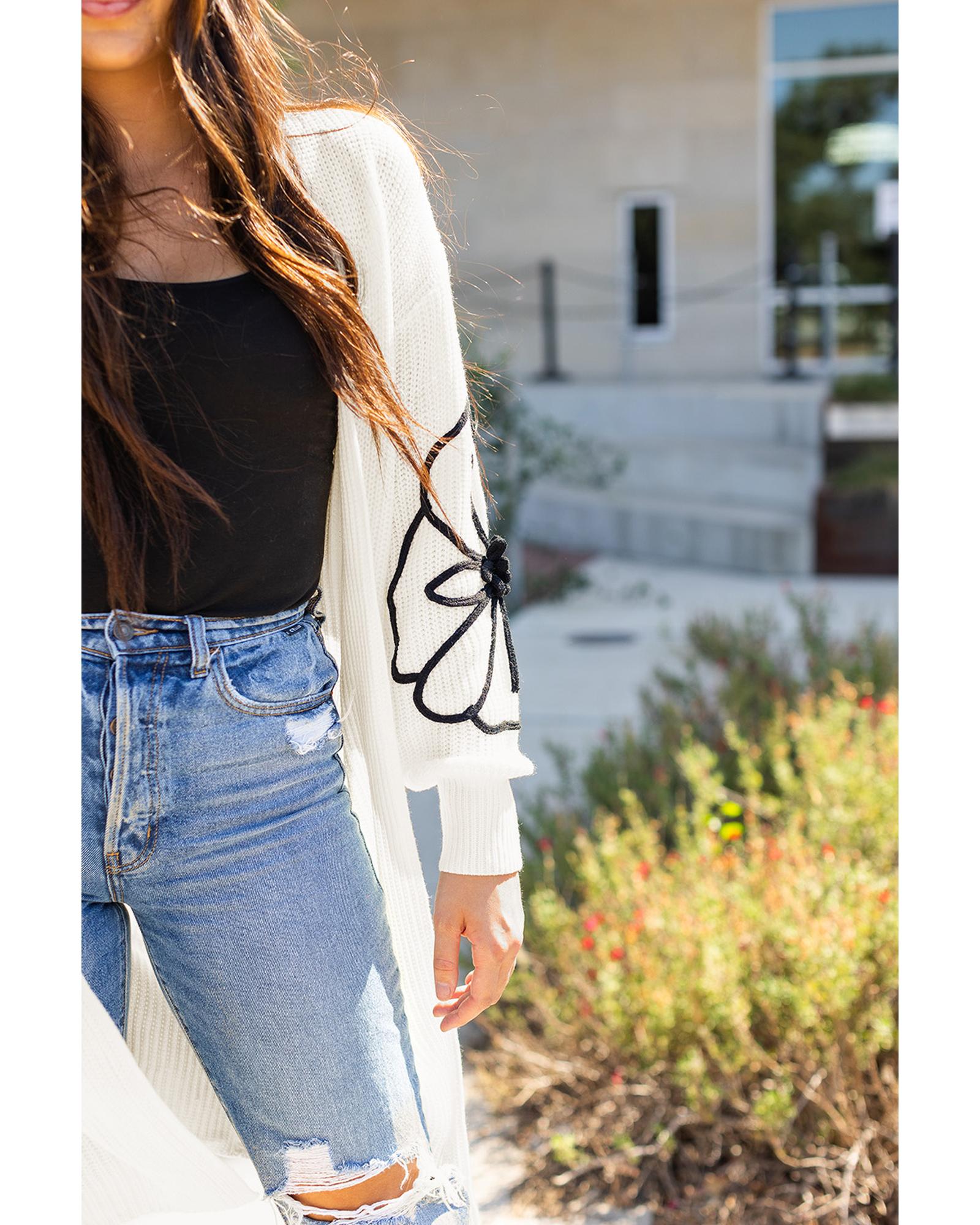 Beige Flower Embroidered Drop Shoulder Open Front Duster Cardigan - M