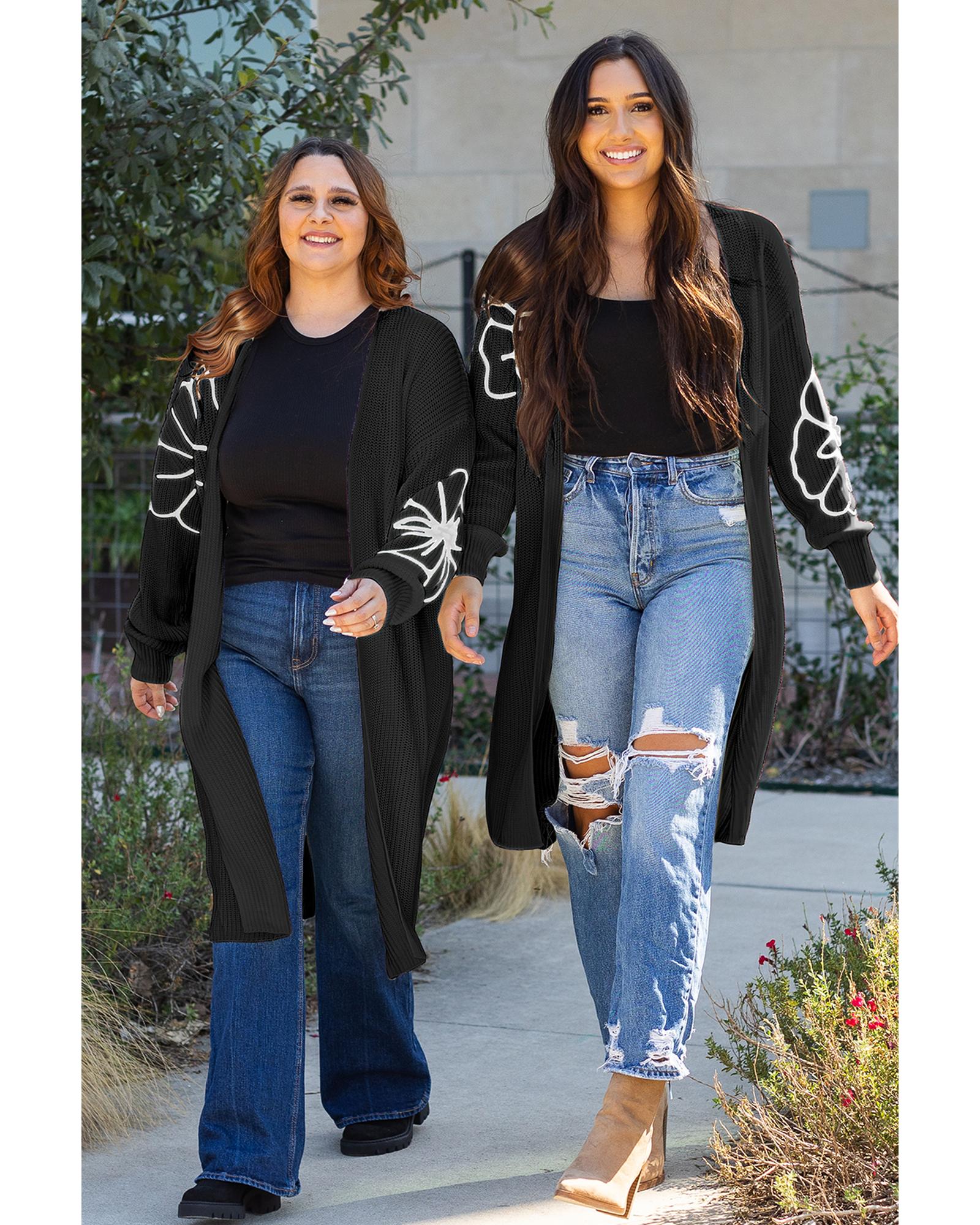 Black Flower Embroidered Drop Shoulder Open Front Duster Cardigan - M