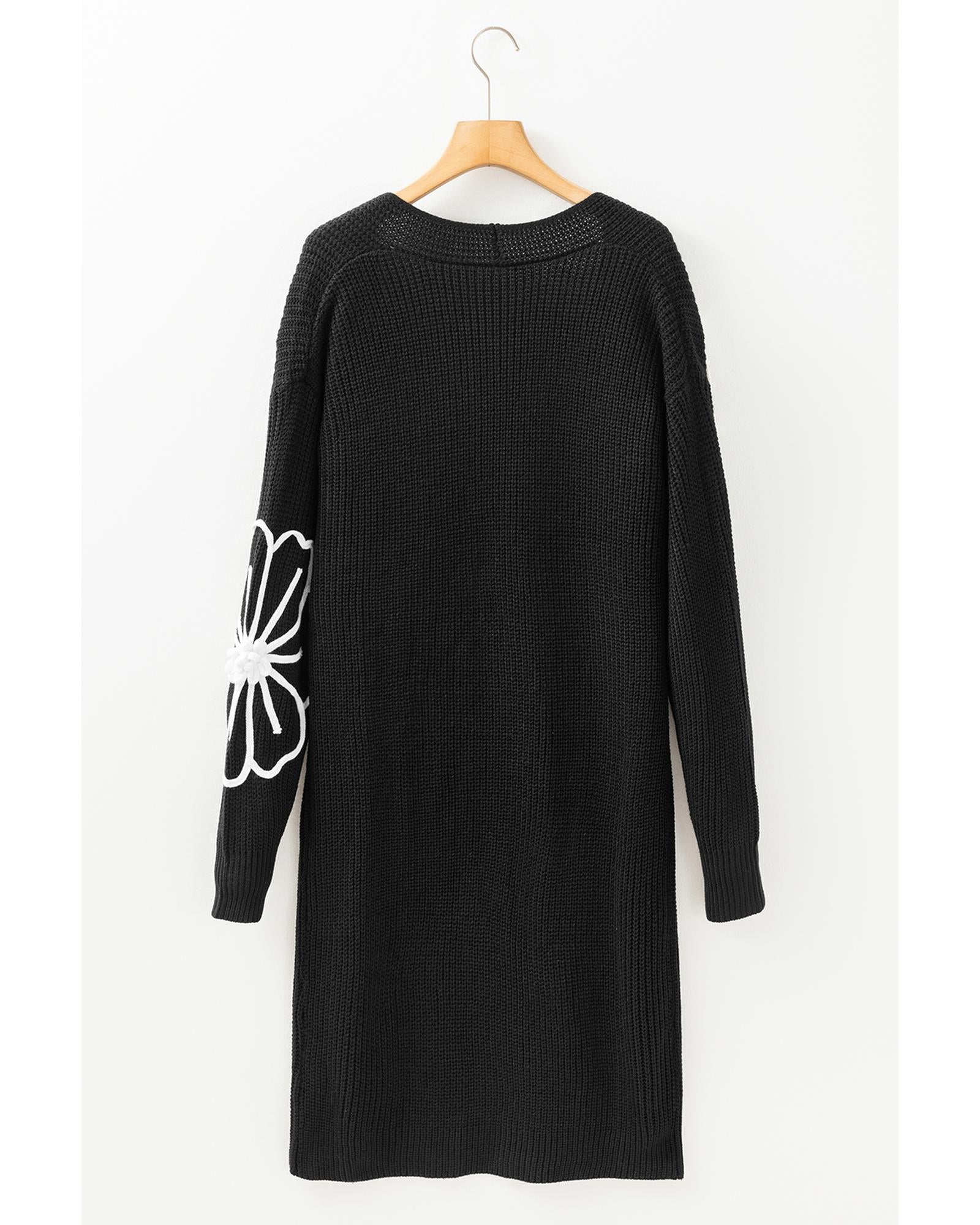 Black Flower Embroidered Drop Shoulder Open Front Duster Cardigan - M