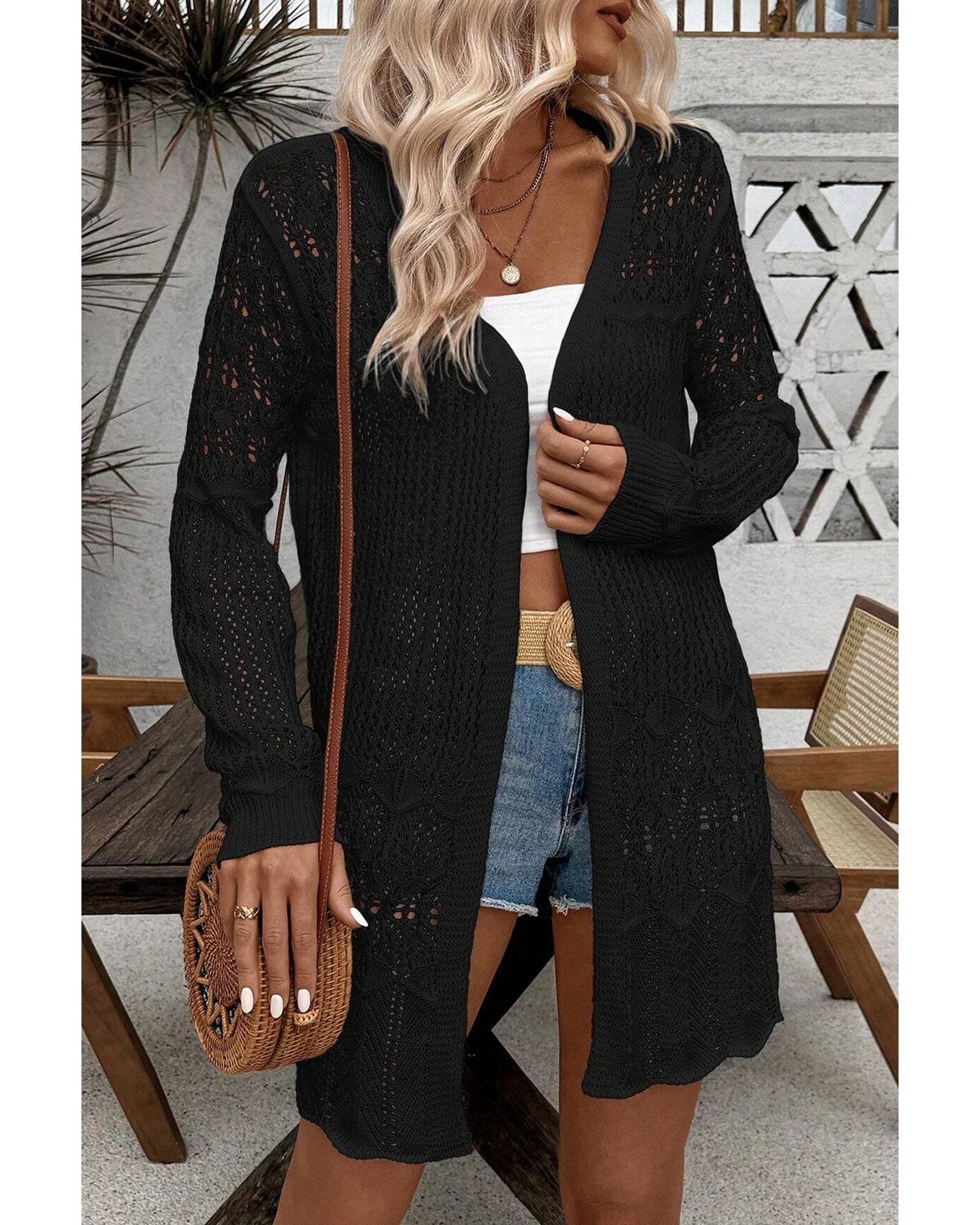 Black Crochet Hollow Out Open Front Cardigan - M