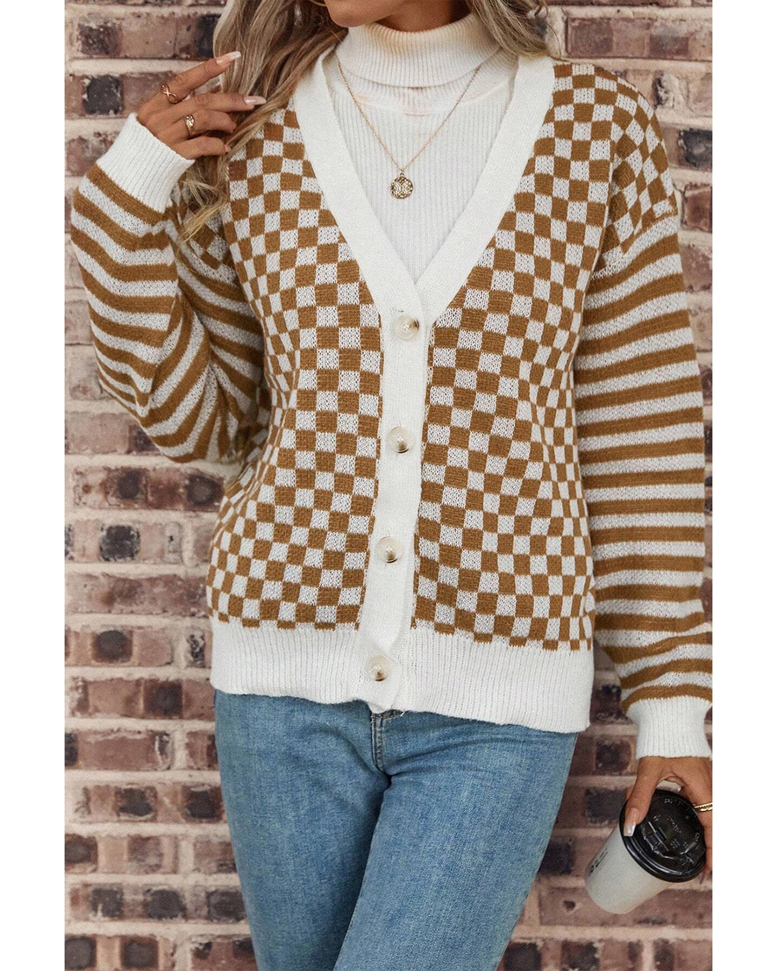 Brown Checkered Striped Patched Buttoned V Neck Cardigan - S