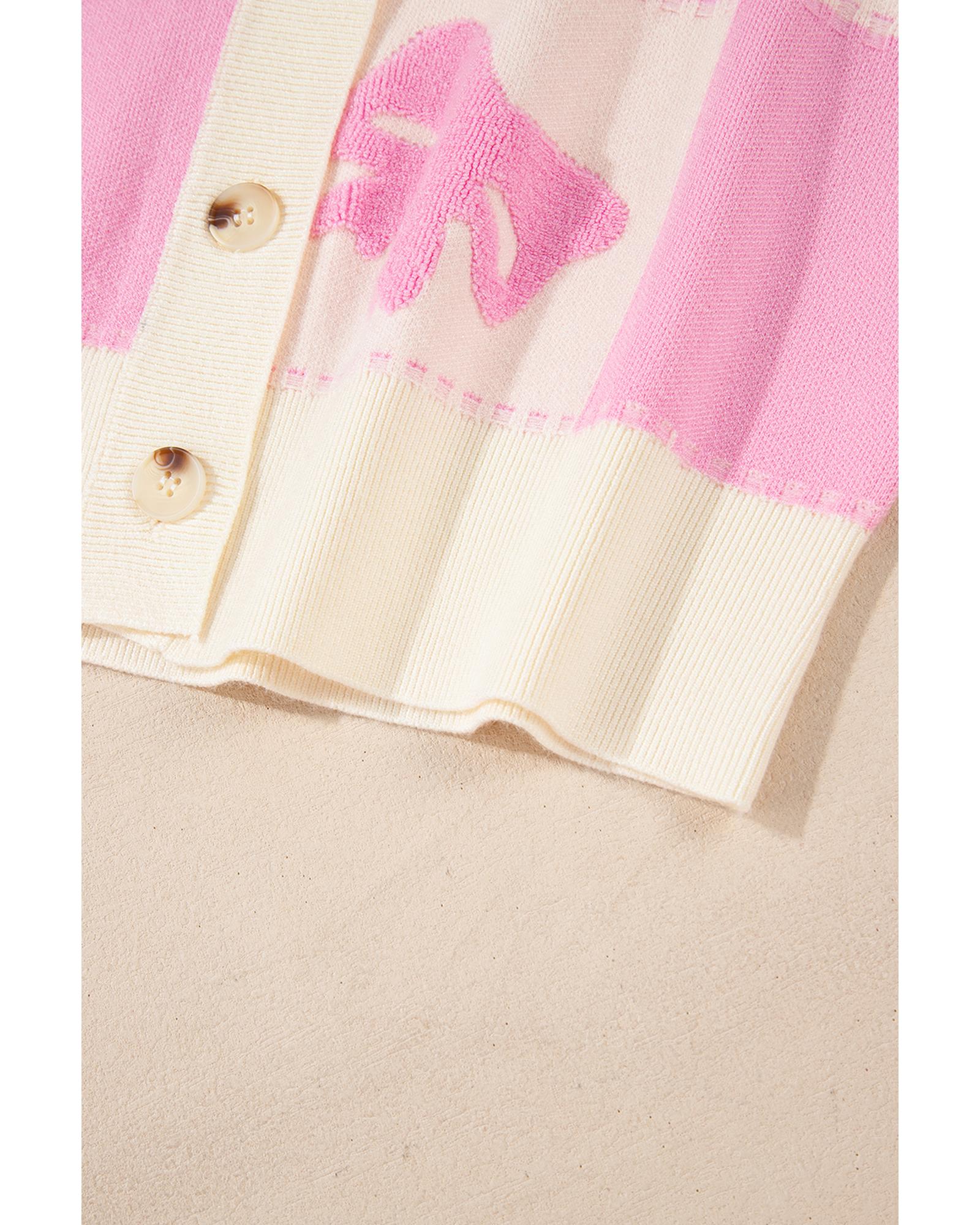 Pink Bowknot Checkered Pattern V Neck Drop Shoulder Button Up Cardigan - L