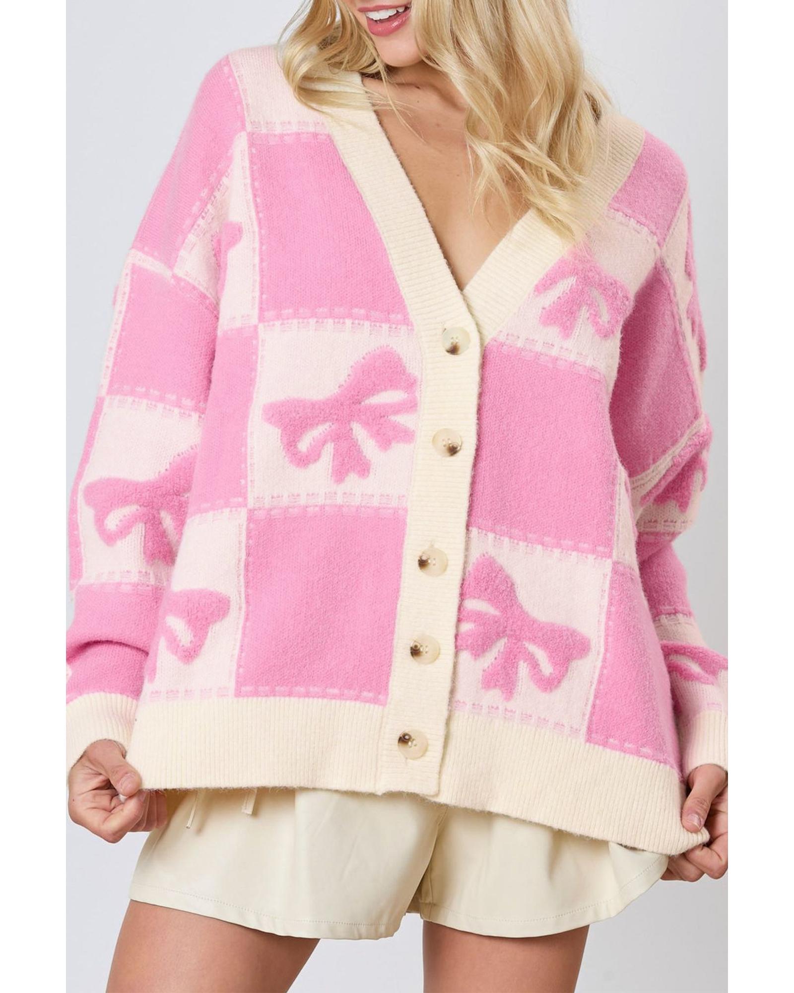 Pink Bowknot Checkered Pattern V Neck Drop Shoulder Button Up Cardigan - L