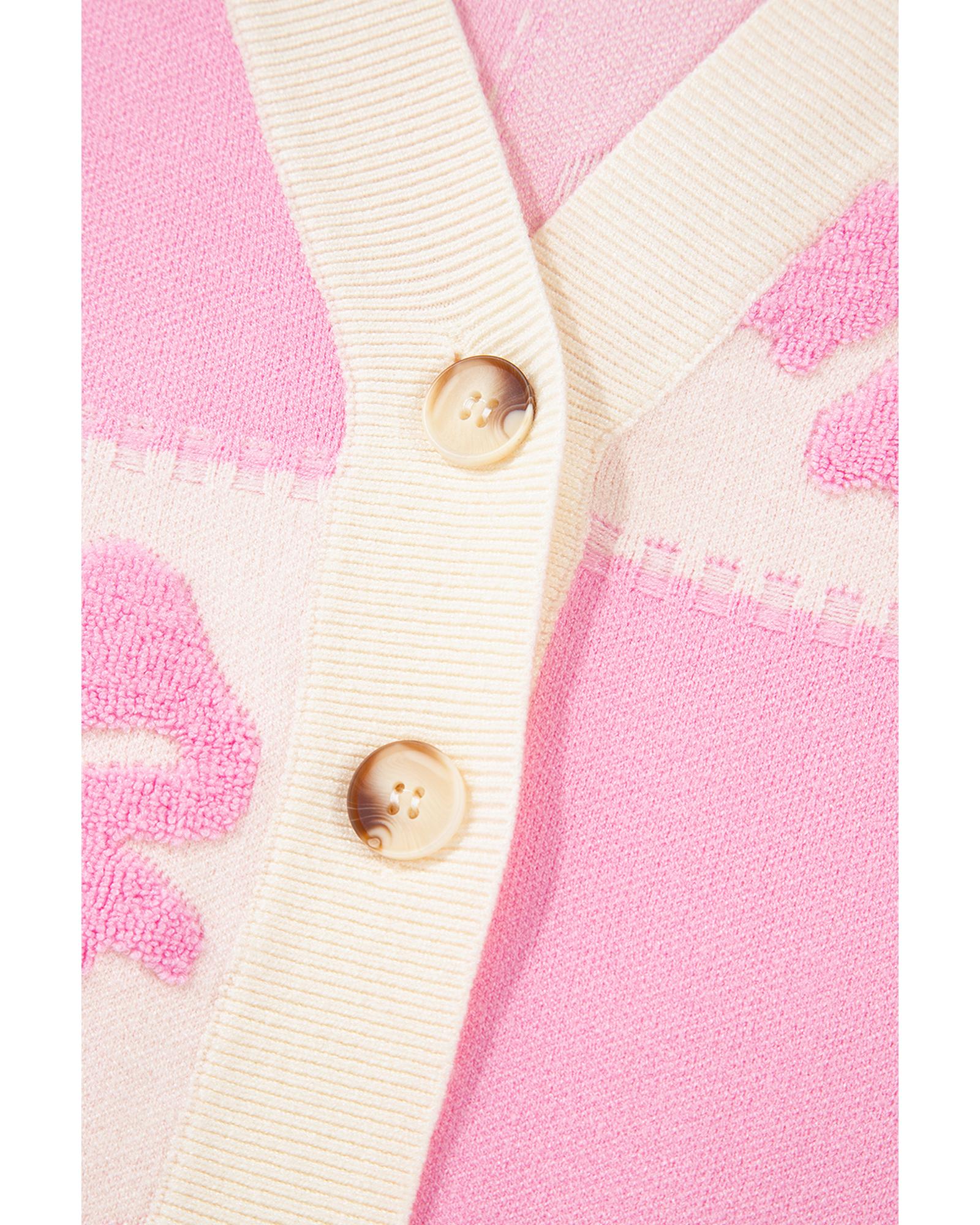 Pink Bowknot Checkered Pattern V Neck Drop Shoulder Button Up Cardigan - M