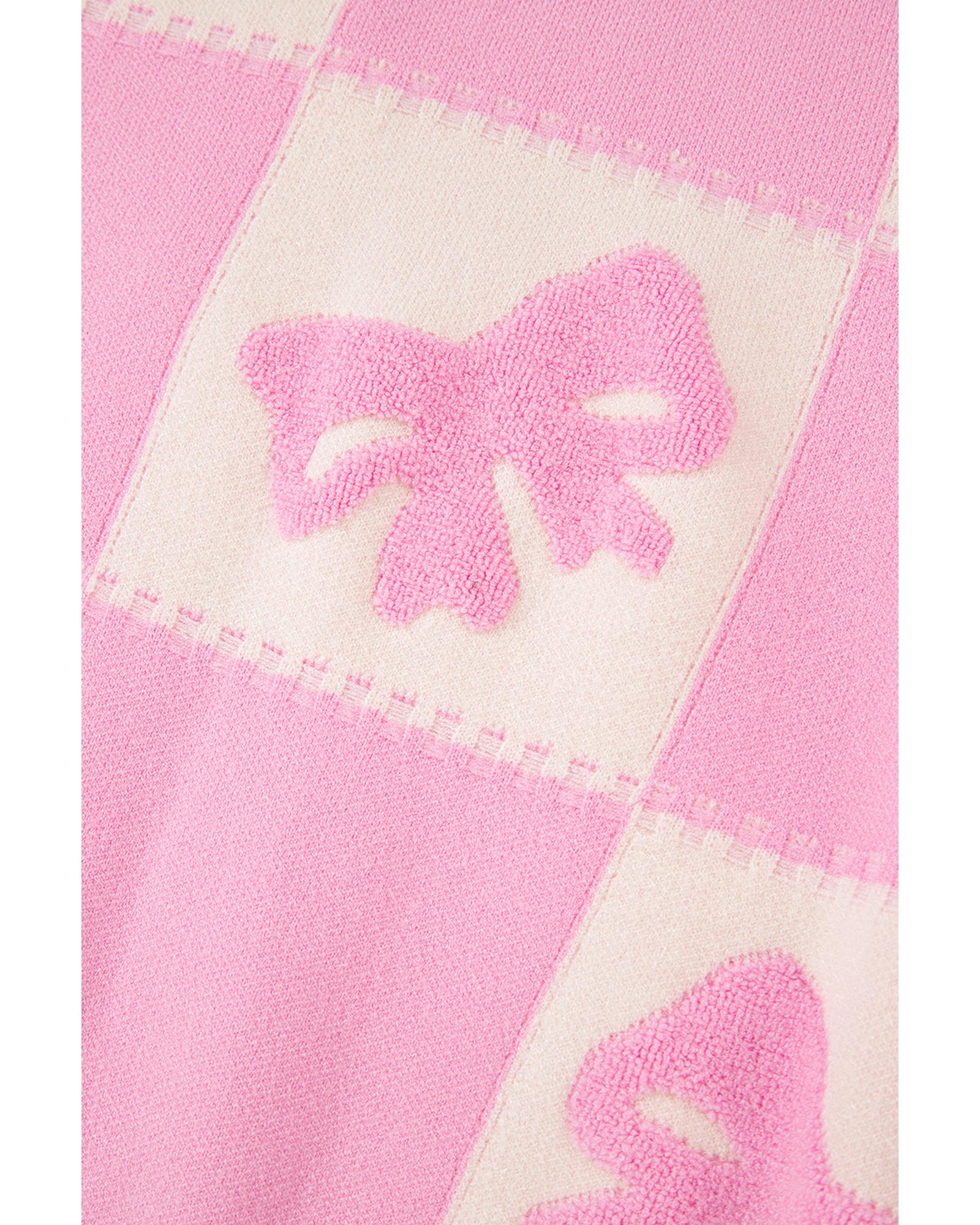 Pink Bowknot Checkered Pattern V Neck Drop Shoulder Button Up Cardigan - S