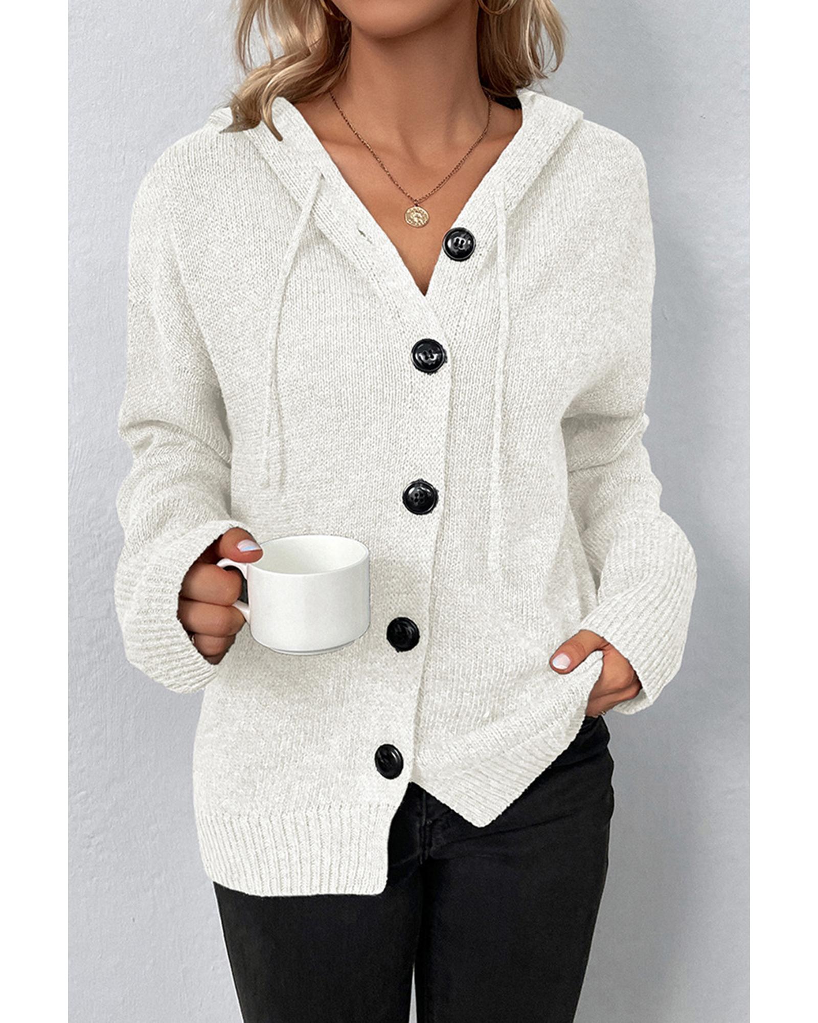 White Drawstring Hooded Button Up Drop Shoulder Sweater Cardigan - S