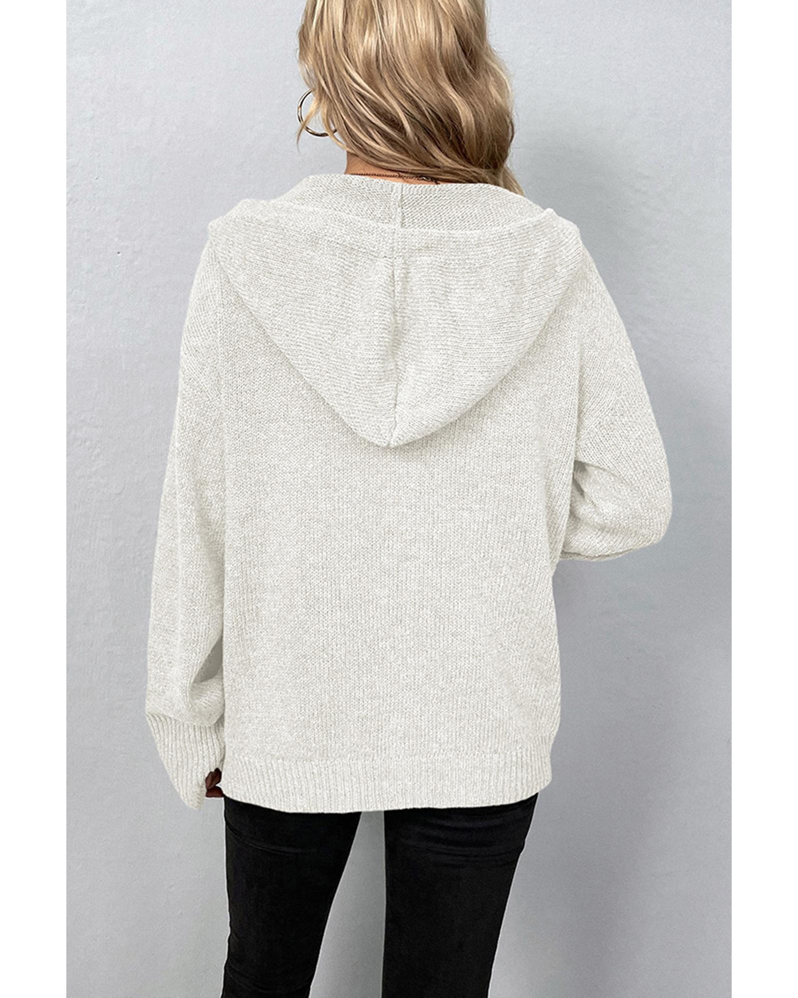 White Drawstring Hooded Button Up Drop Shoulder Sweater Cardigan - S