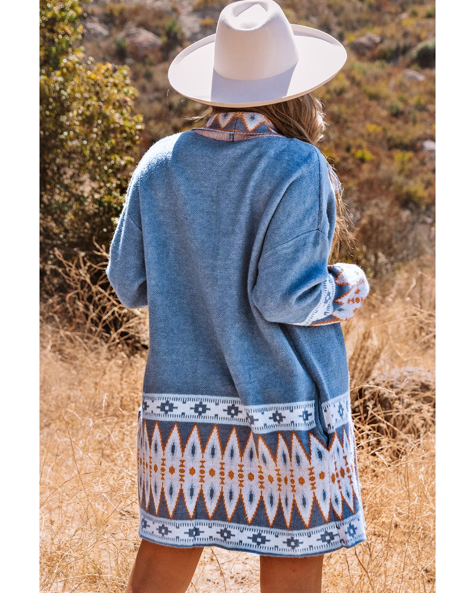 Azura Exchange Blue Aztec Print Open Front Knitted Cardigan - L