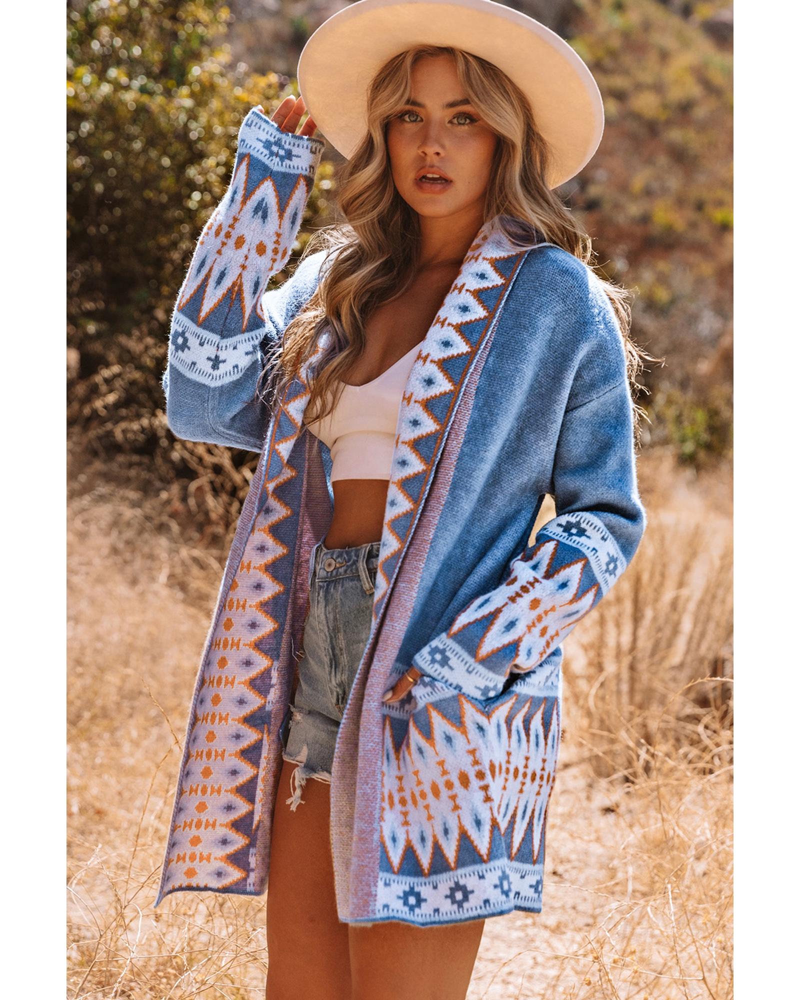 Azura Exchange Blue Aztec Print Open Front Knitted Cardigan - XL