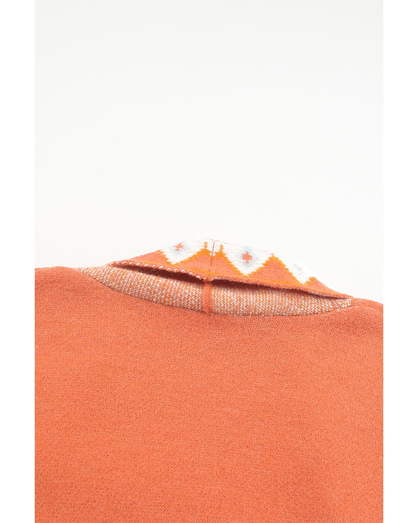 Orange Printed Aztec Print Open Front Knitted Cardigan - L