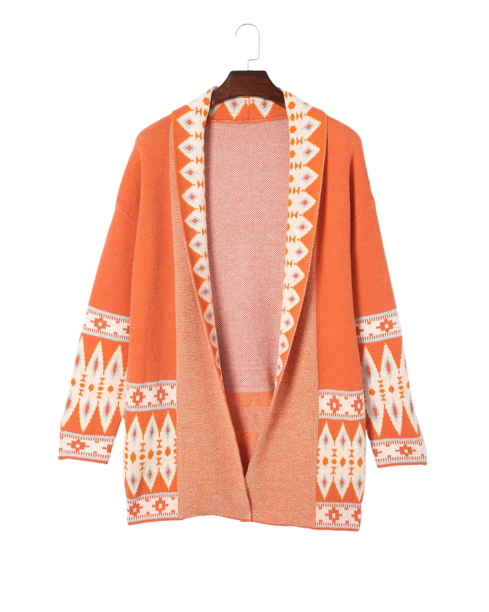 Orange Printed Aztec Print Open Front Knitted Cardigan - L