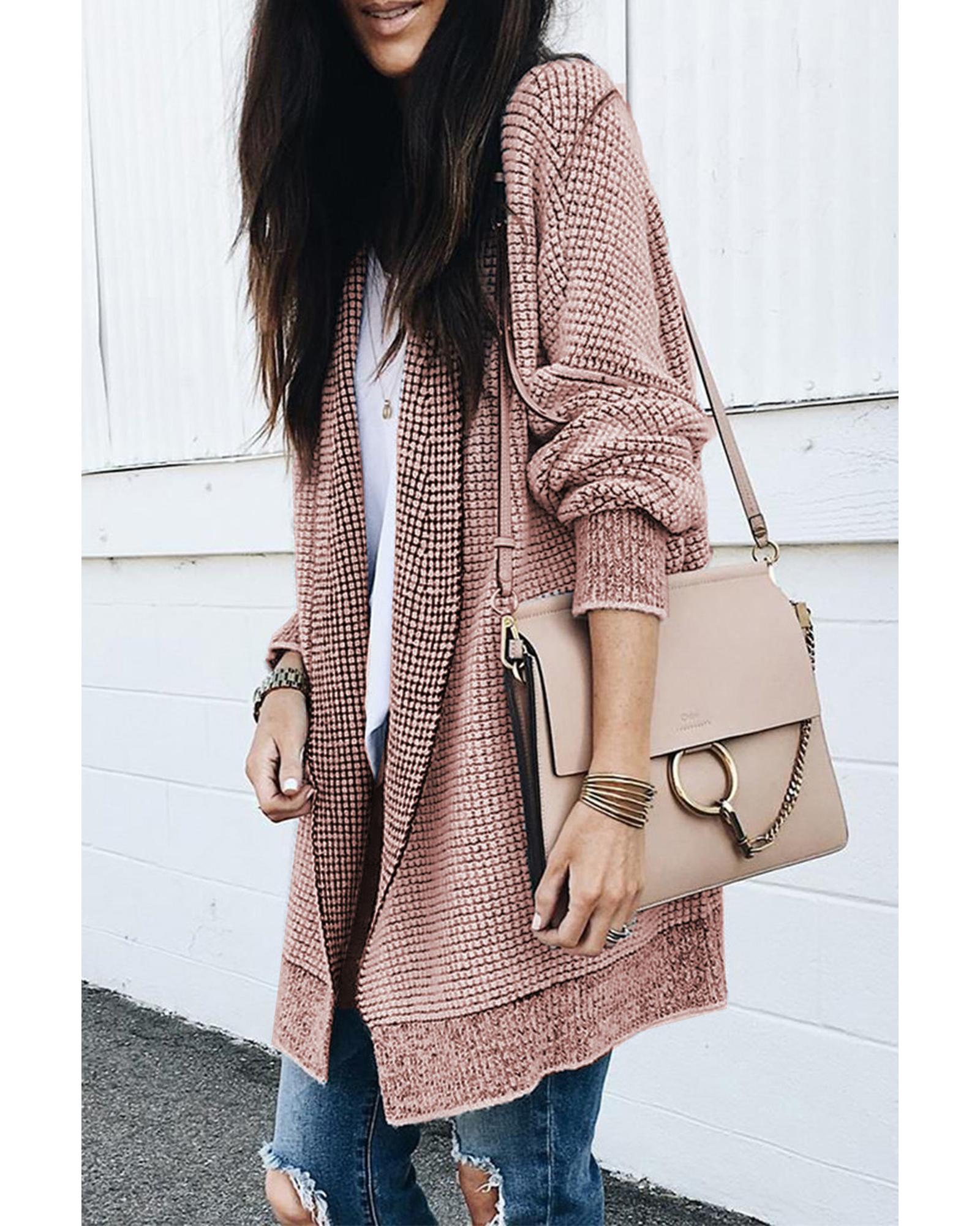 Pink Plaid Knitted Long Open Front Cardigan - L