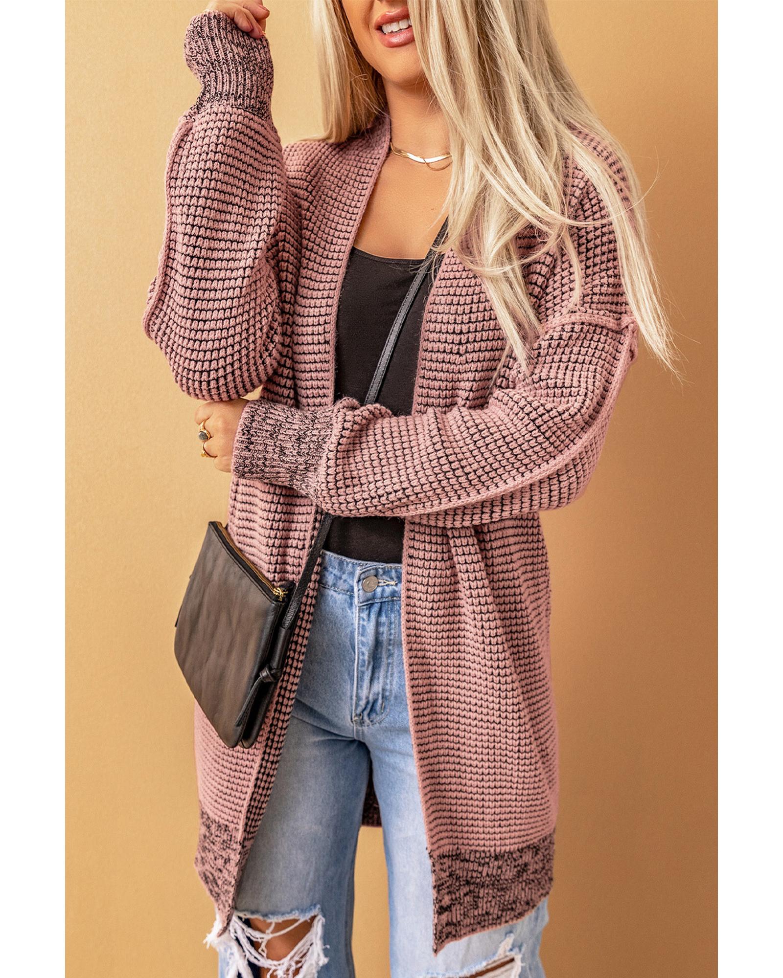 Pink Plaid Knitted Long Open Front Cardigan - L